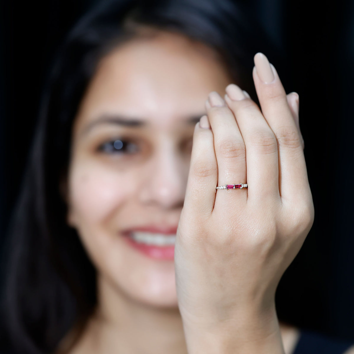 Natural Baguette Ruby 2 Stone Promise Ring with Diamond AAA - Rosec Jewels