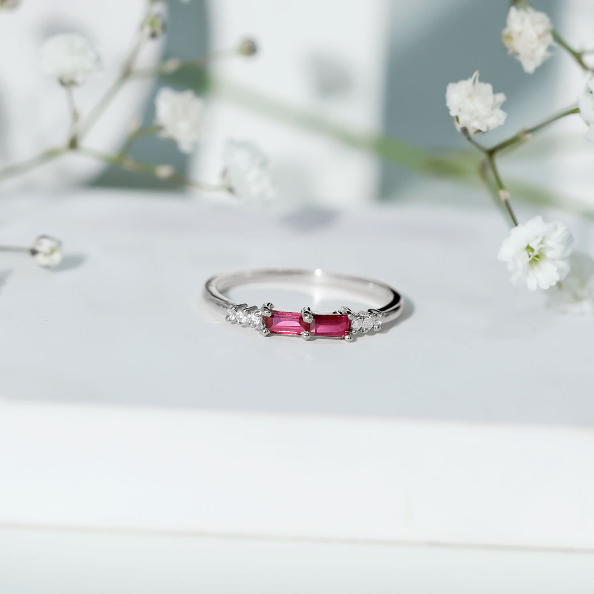 Natural Baguette Ruby 2 Stone Promise Ring with Diamond AAA - Rosec Jewels