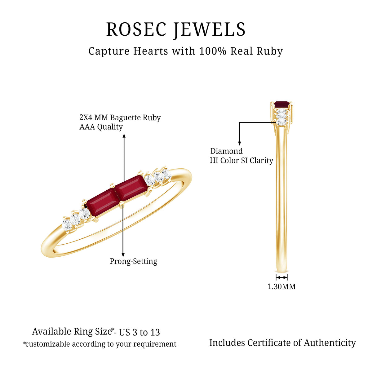 Natural Baguette Ruby 2 Stone Promise Ring with Diamond AAA - Rosec Jewels