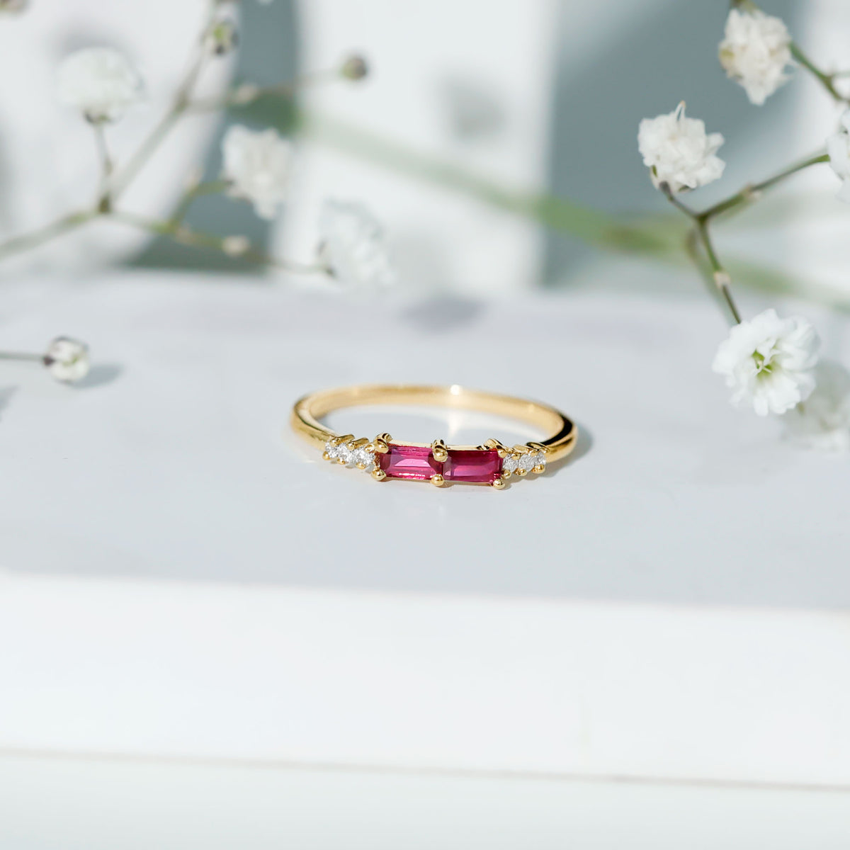 Natural Baguette Ruby 2 Stone Promise Ring with Diamond AAA - Rosec Jewels