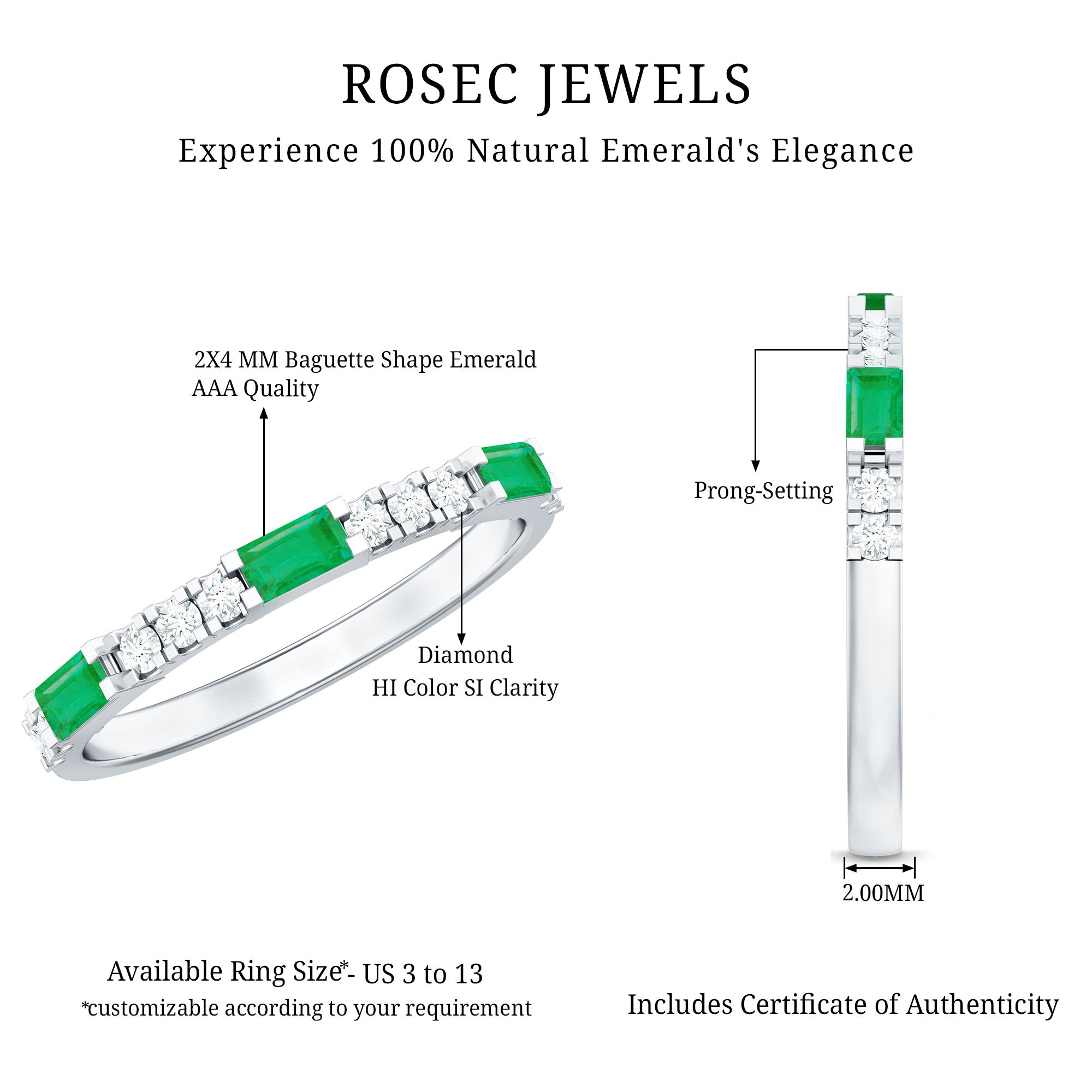 Stackable Green Emerald and Diamond Ring in Prong Setting AAA - Rosec Jewels