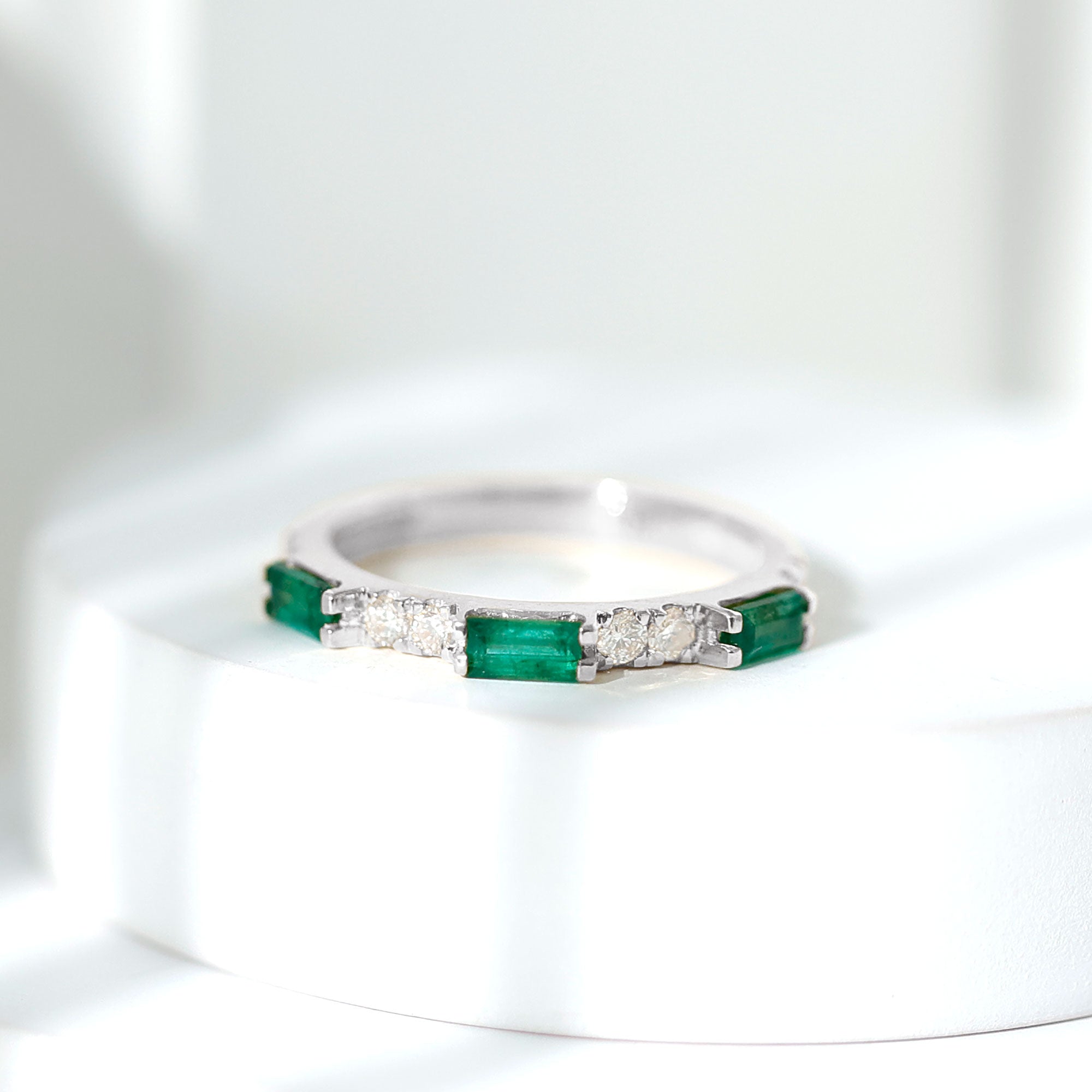 Stackable Green Emerald and Diamond Ring in Prong Setting AAA - Rosec Jewels