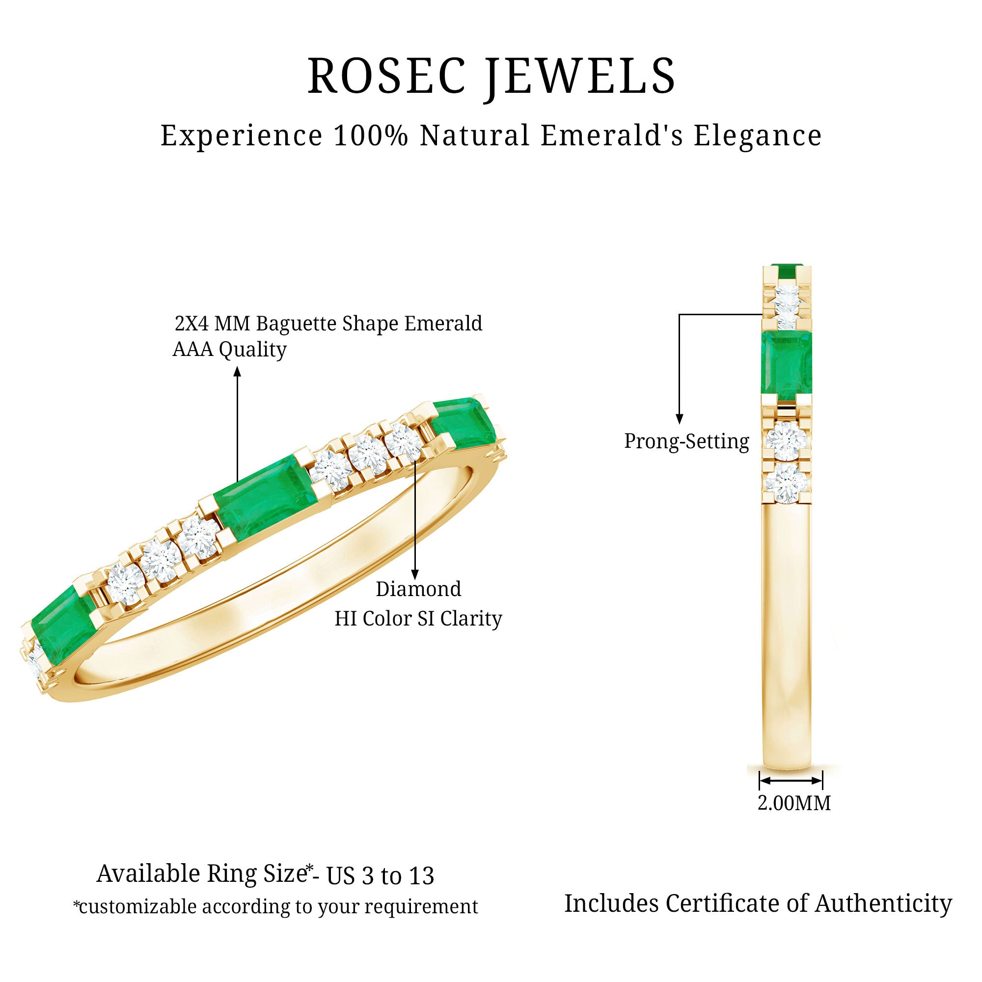 Stackable Green Emerald and Diamond Ring in Prong Setting AAA - Rosec Jewels