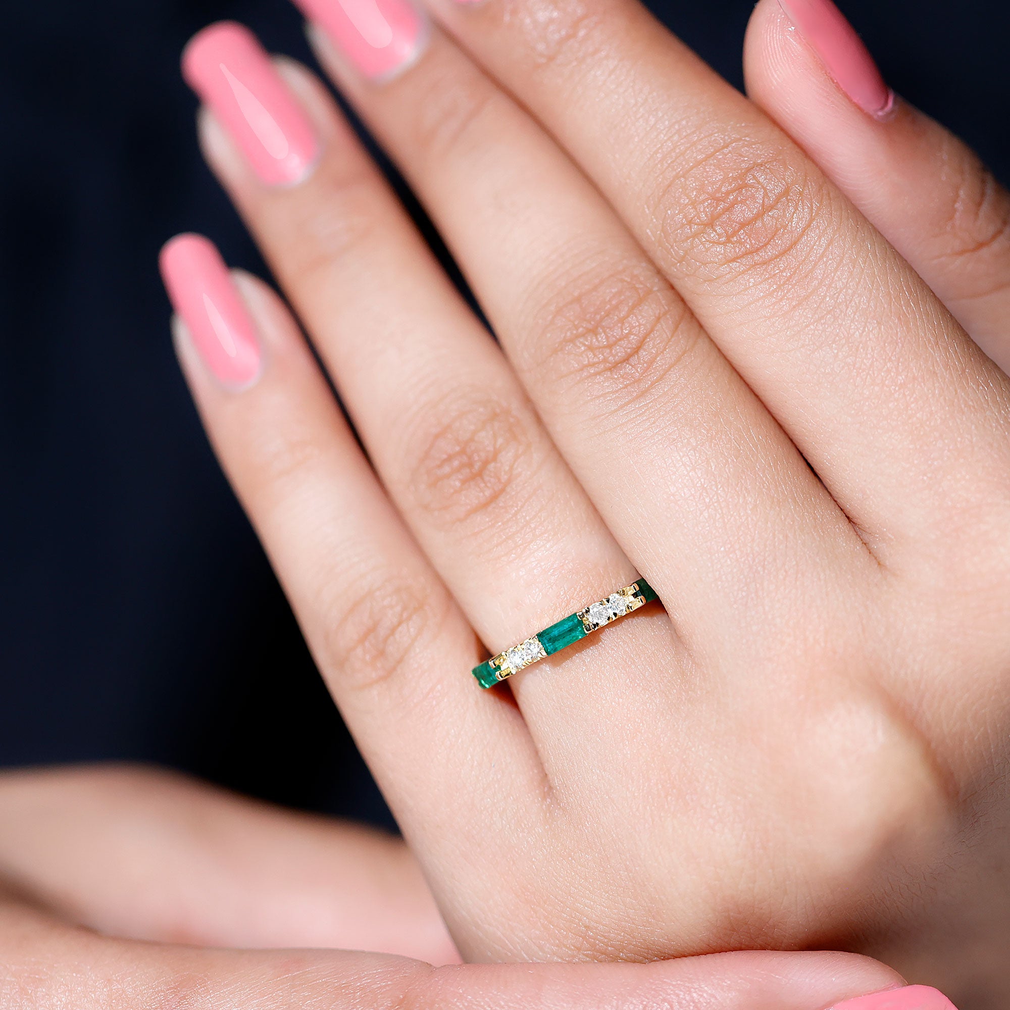 Stackable Green Emerald and Diamond Ring in Prong Setting AAA - Rosec Jewels