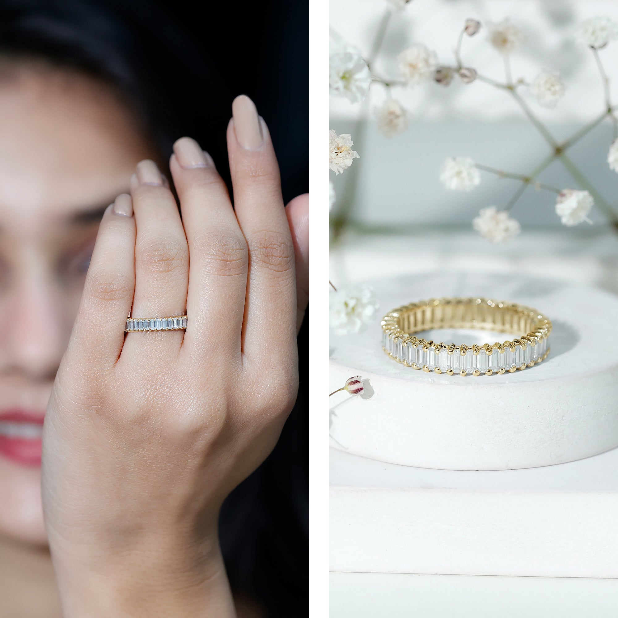 Baguette Cut Moissanite Eternity Ring in Shared Prong Setting D-VS1 - Rosec Jewels
