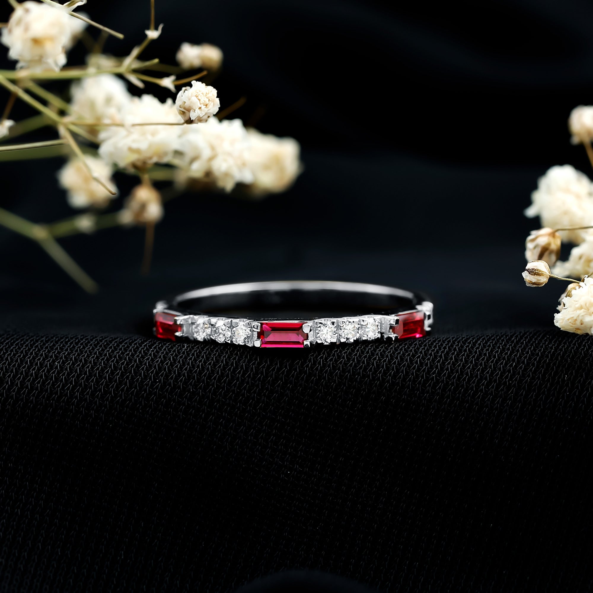 Rosec Jewels-3/4 CT Baguette Cut Lab Grown Ruby Stackable Ring with Diamond