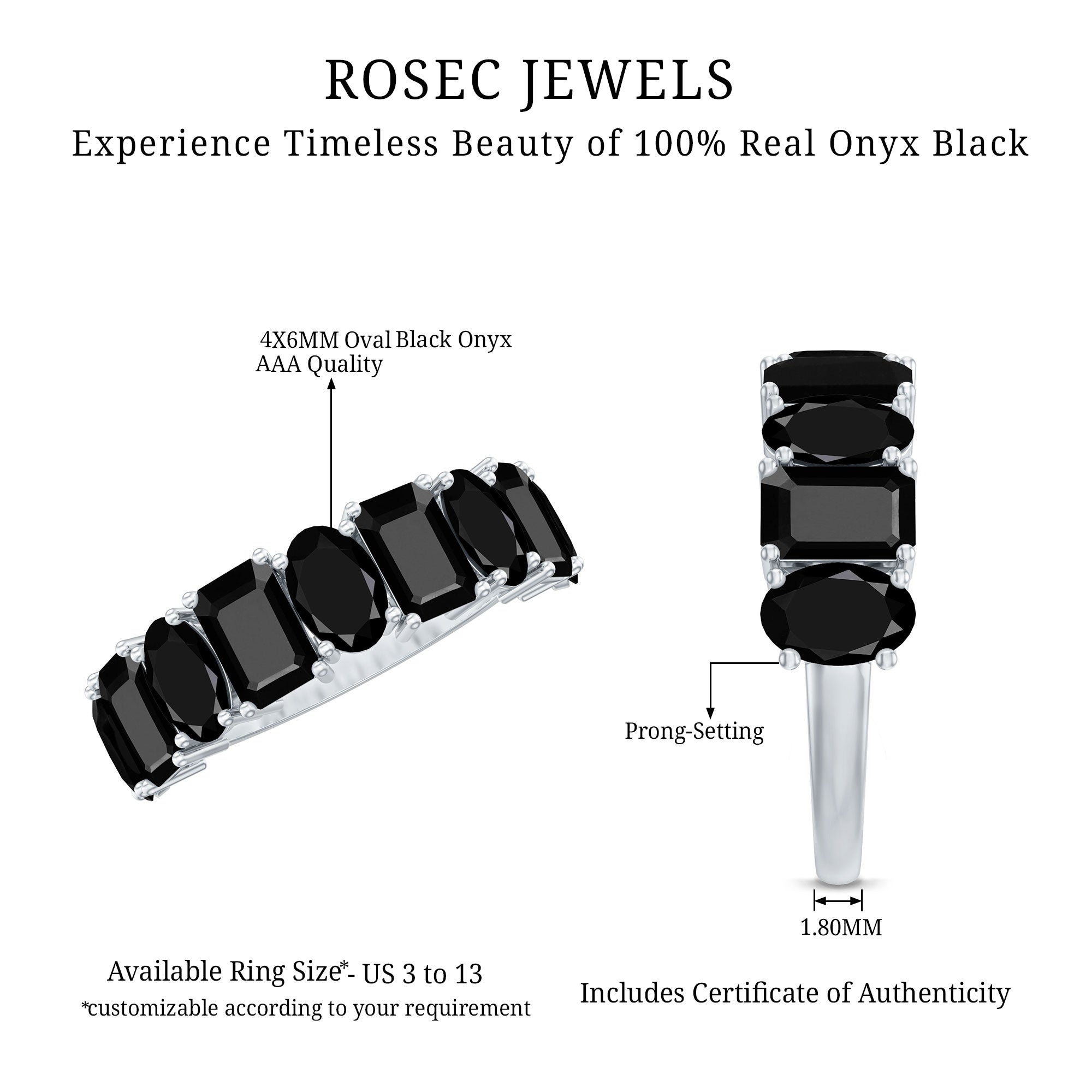 Oval and Emerald Cut Black Onyx Half Eternity Wedding Band AAA - Rosec Jewels
