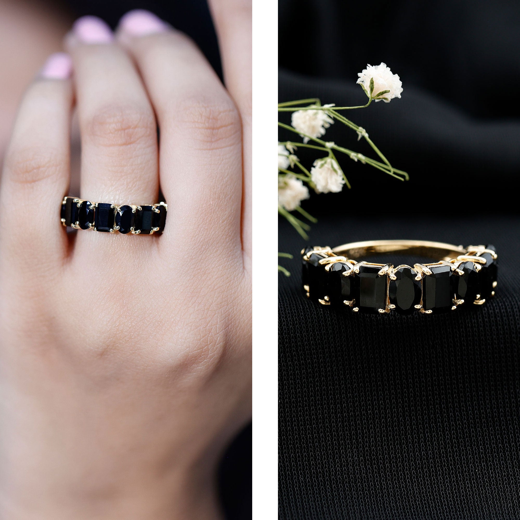 Oval and Emerald Cut Black Onyx Half Eternity Wedding Band AAA - Rosec Jewels