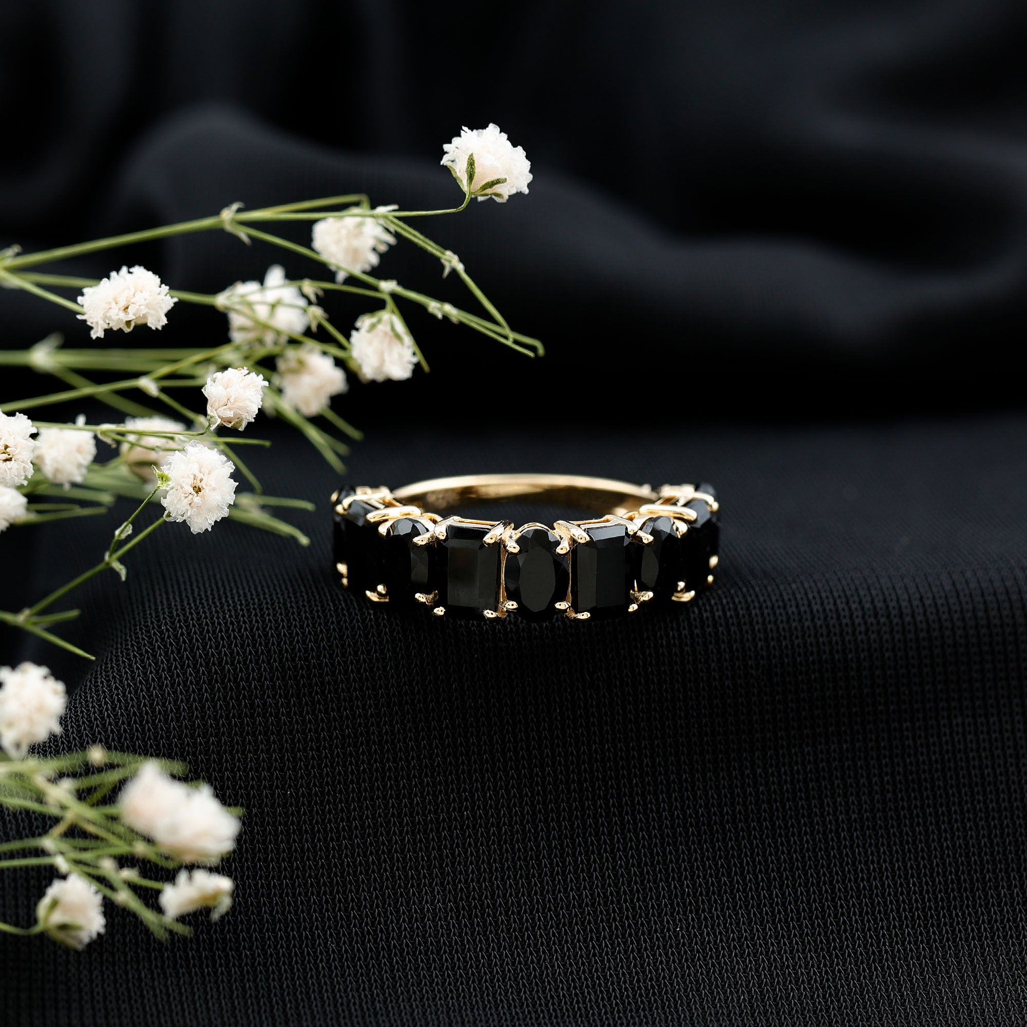 Oval and Emerald Cut Black Onyx Half Eternity Wedding Band AAA - Rosec Jewels