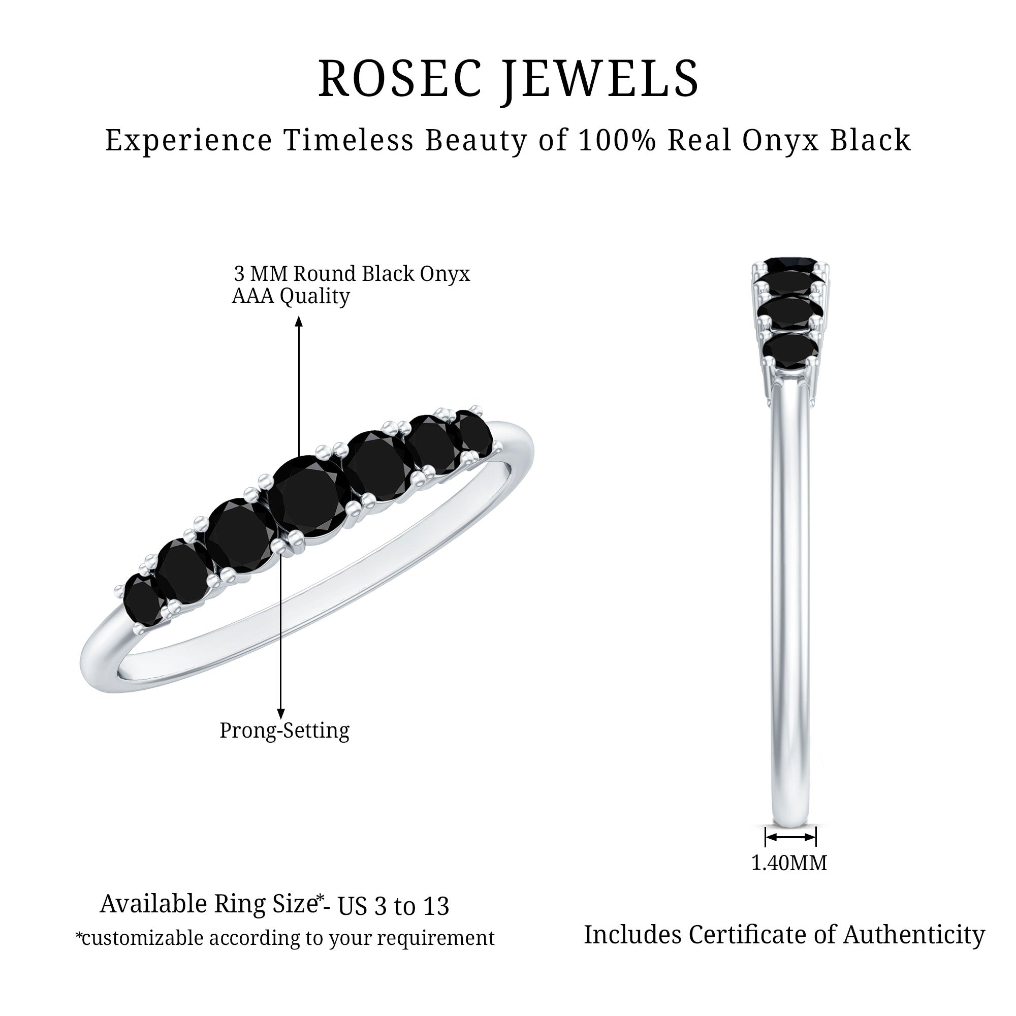 Round Cut Graduated Black Onyx Half Eternity Ring AAA - Rosec Jewels