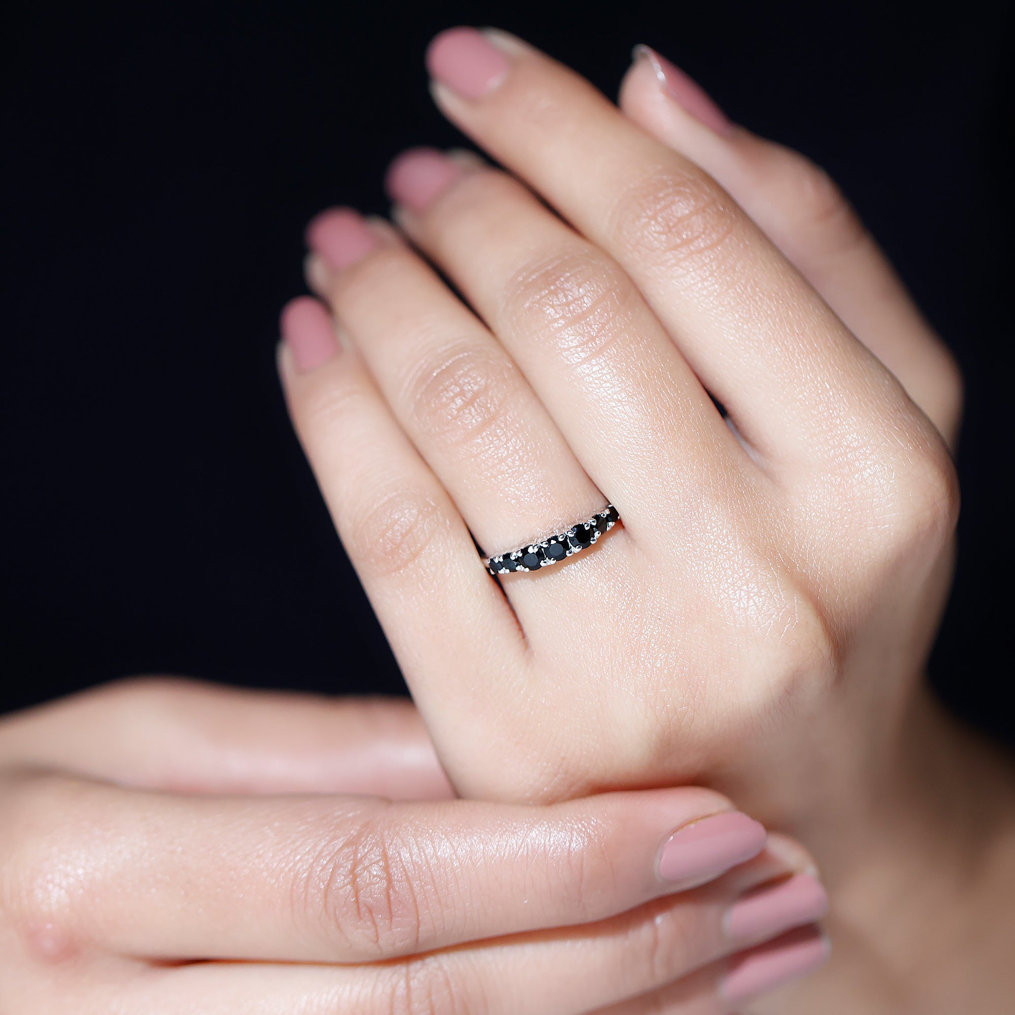 Round Cut Graduated Black Onyx Half Eternity Ring AAA - Rosec Jewels