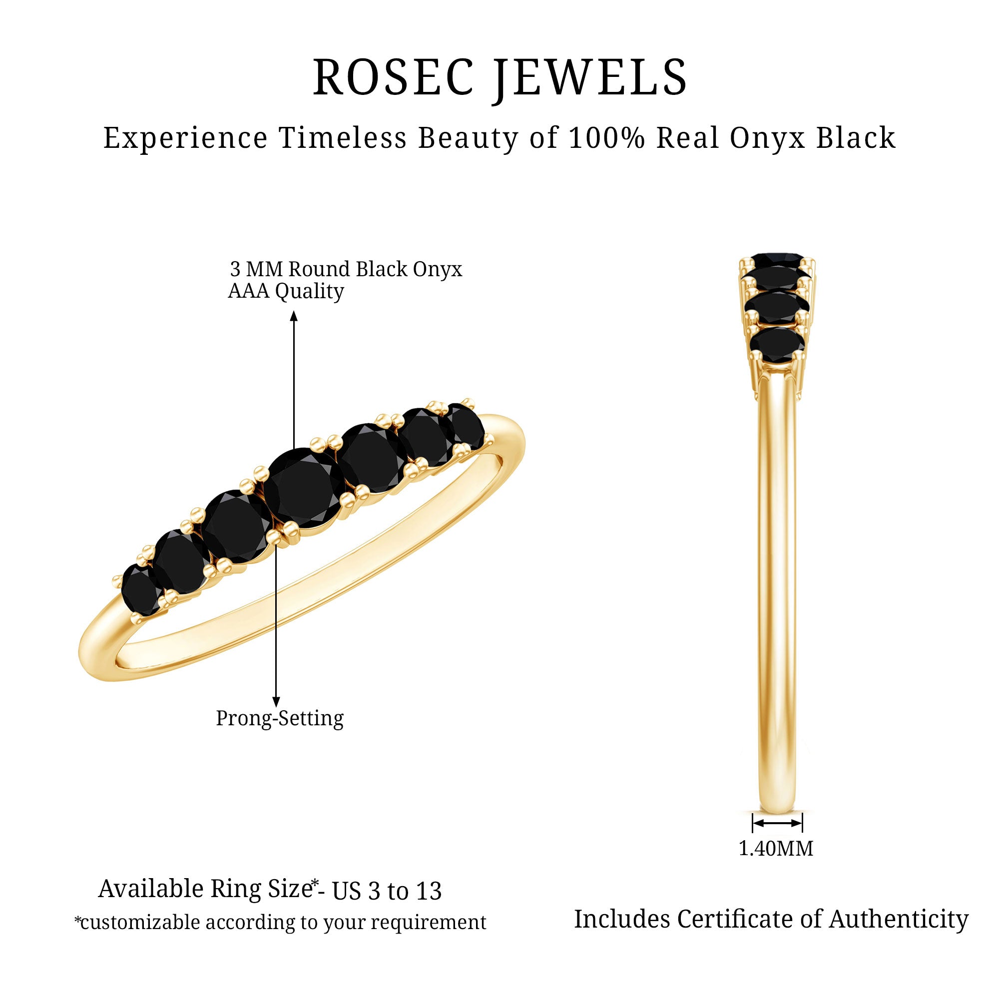 Round Cut Graduated Black Onyx Half Eternity Ring AAA - Rosec Jewels