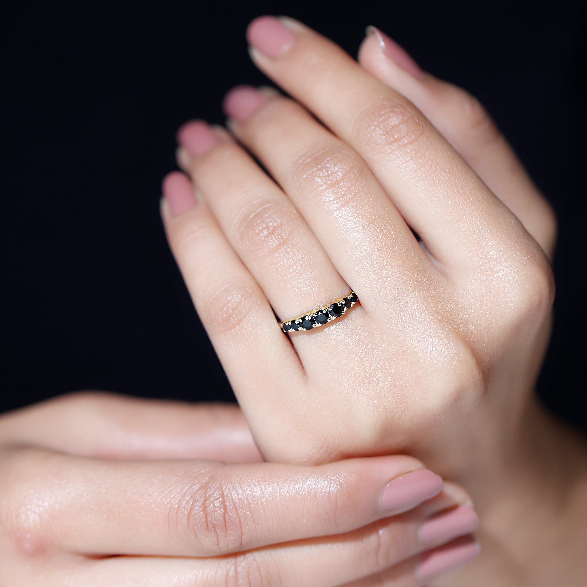 Round Cut Graduated Black Onyx Half Eternity Ring AAA - Rosec Jewels