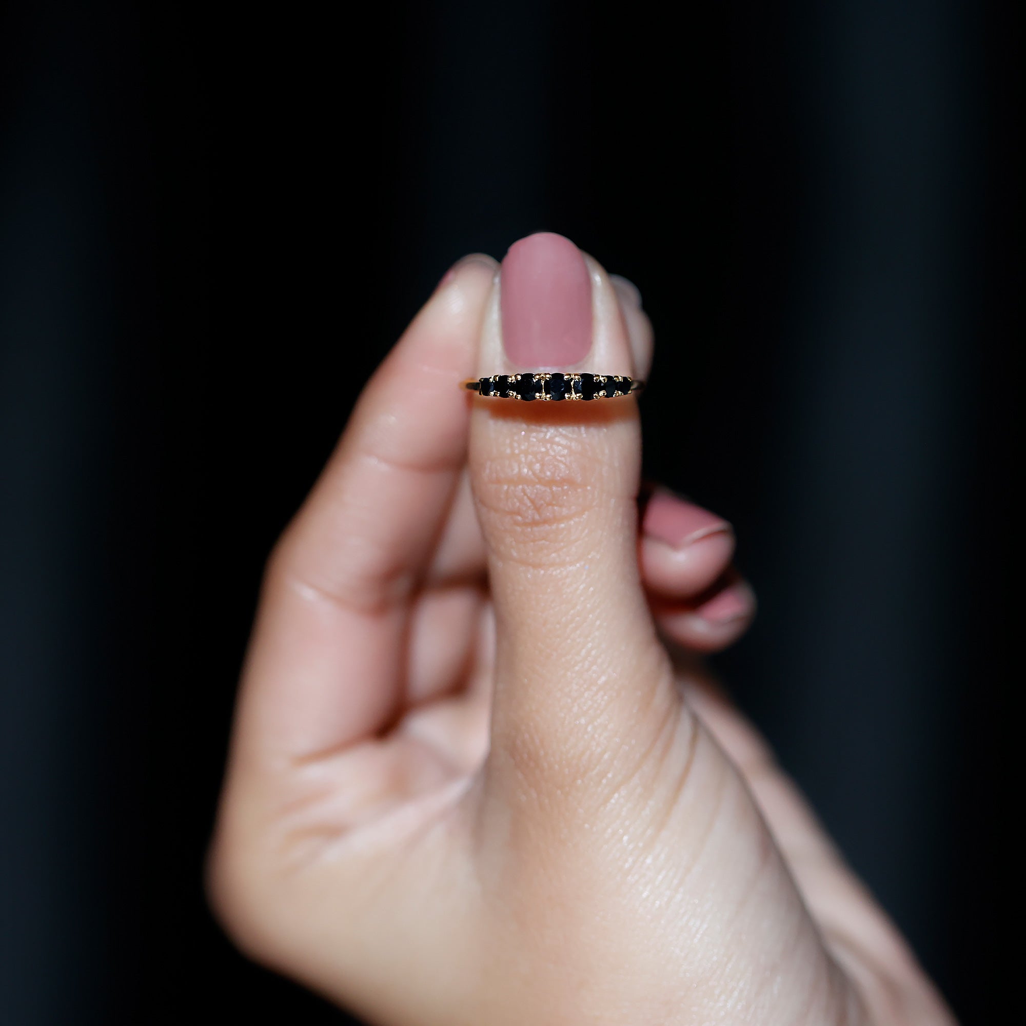 Round Cut Graduated Black Onyx Half Eternity Ring AAA - Rosec Jewels