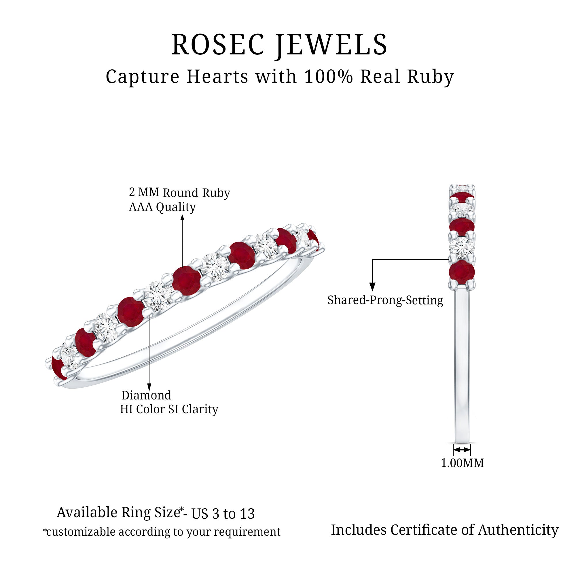 Natural Ruby Diamond Stackable Eternity Ring AAA - Rosec Jewels