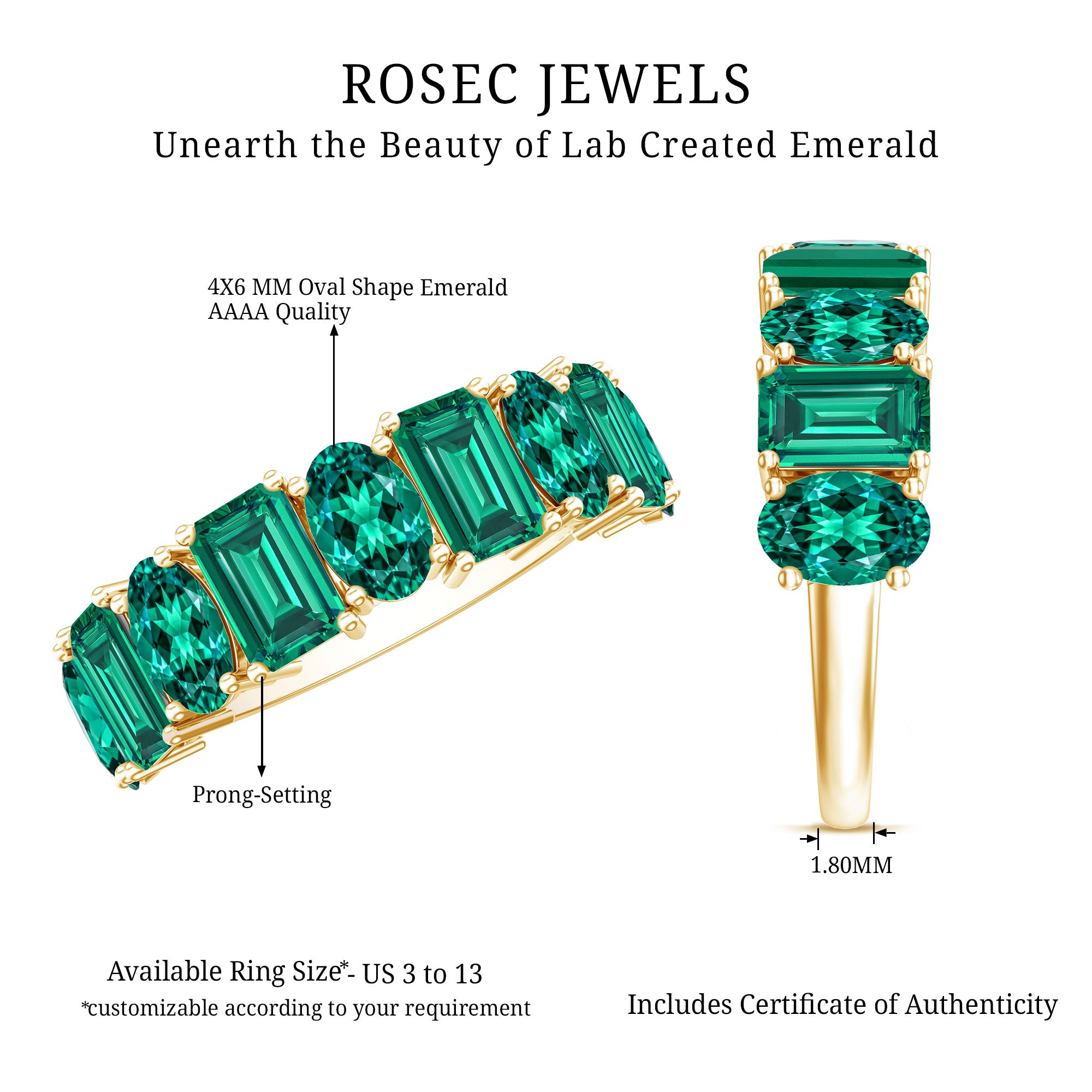 Certified Lab Grown Emerald Wedding Anniversary Band AAAA - Rosec Jewels