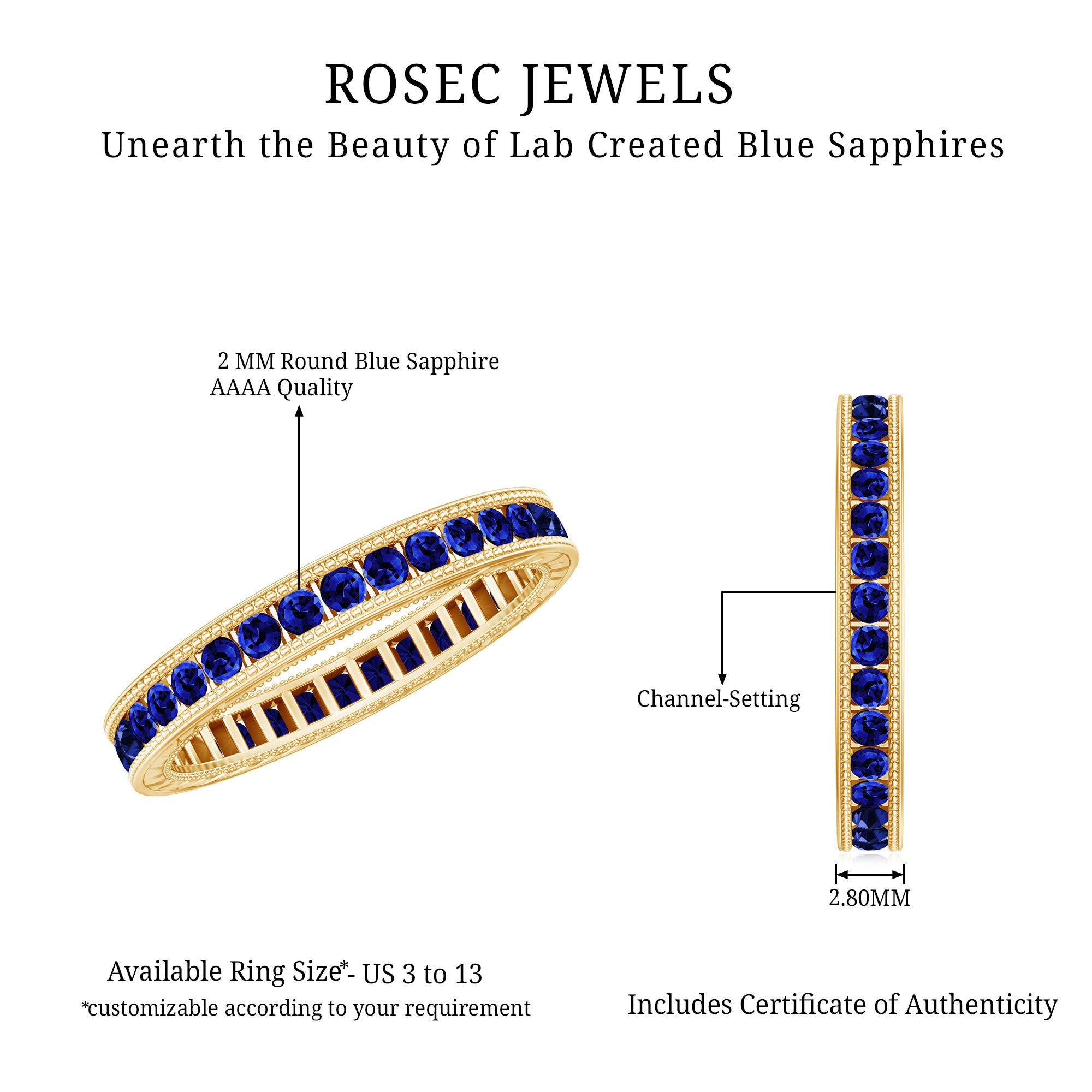 Certified Lab Created Blue Sapphire Full Eternity Ring in Channel Setting AAAA - Rosec Jewels