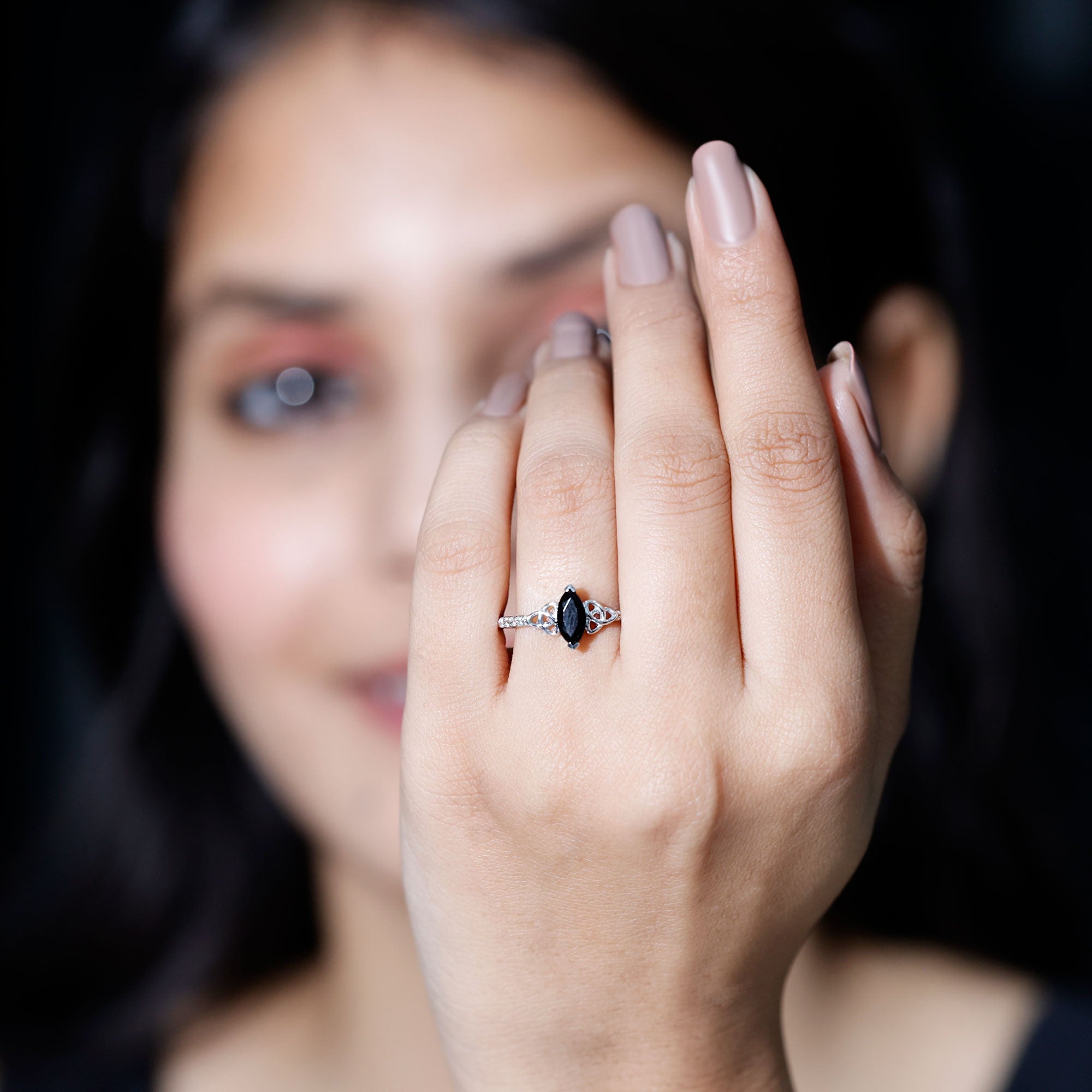 Rosec Jewels-Genuine Black Onyx and Diamond Celtic Design Engagement Ring