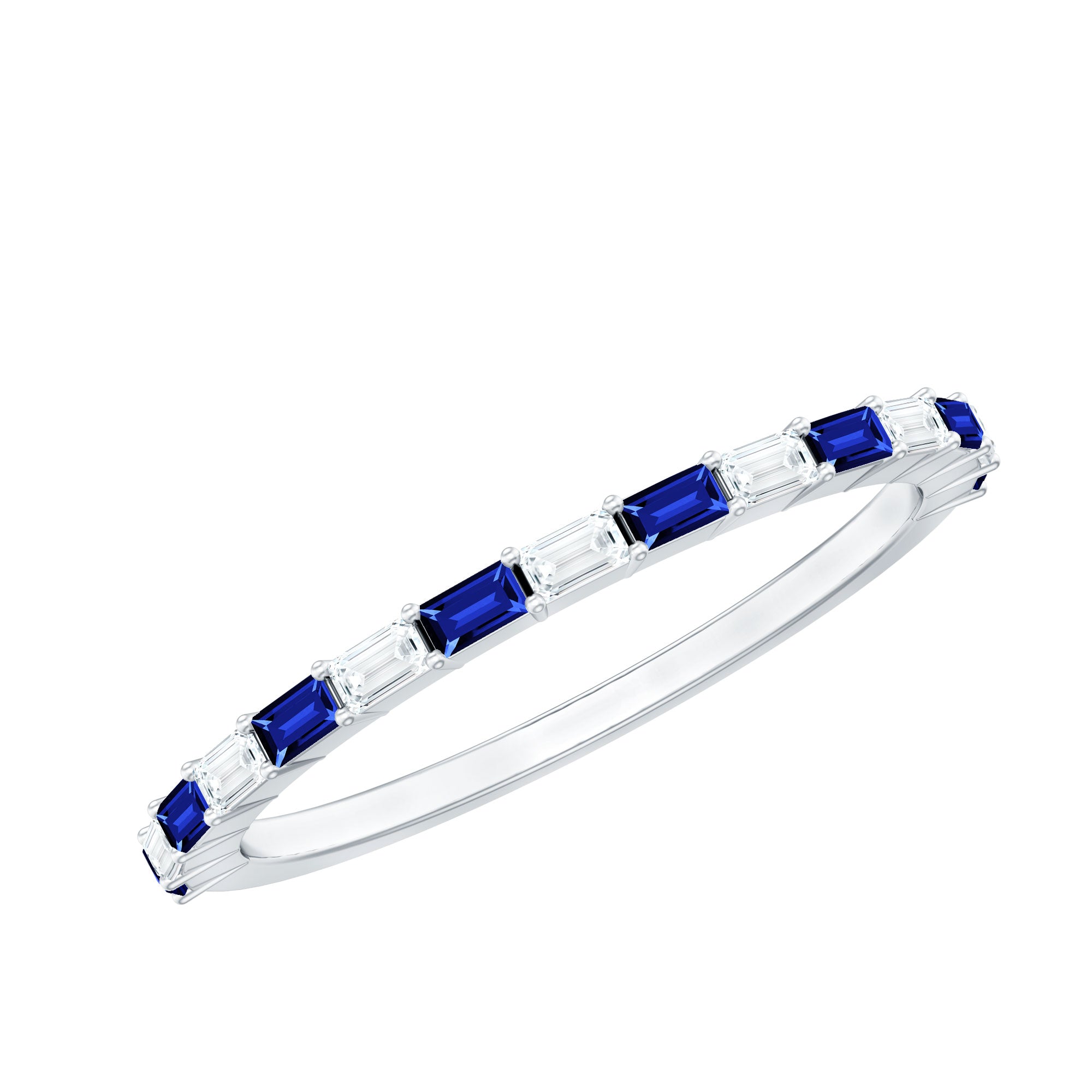 Lab Grown Blue Sapphire Baguette Eternity Ring with Moissanite AAAA - Rosec Jewels