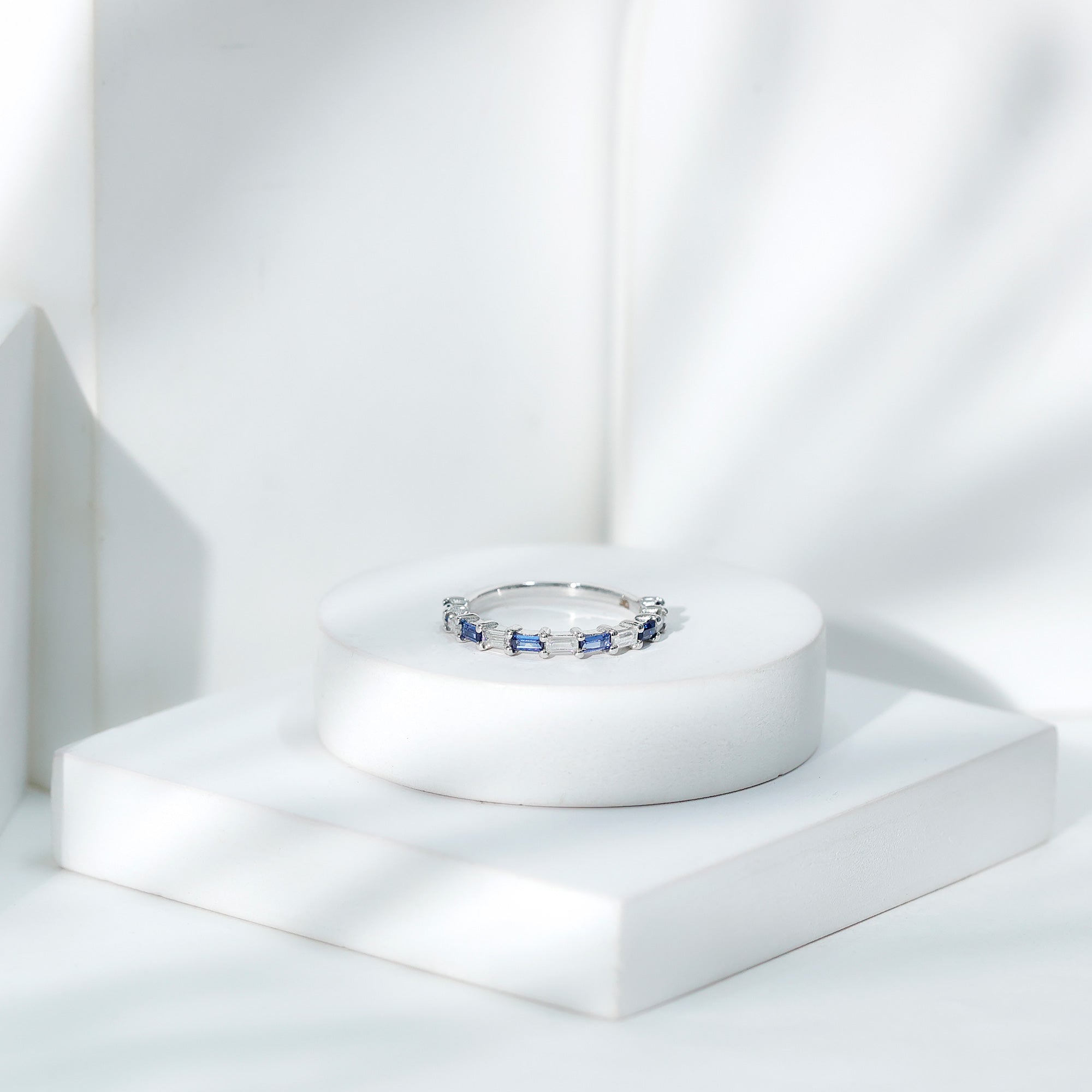 Lab Grown Blue Sapphire Baguette Eternity Ring with Moissanite AAAA - Rosec Jewels