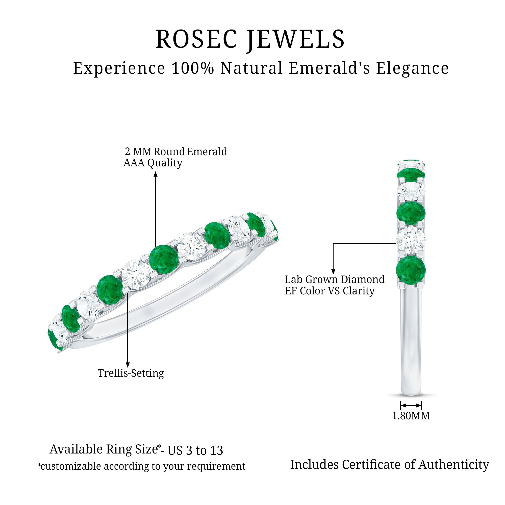 Trellis Set Round Emerald and Diamond Half Eternity Ring AAA - Rosec Jewels