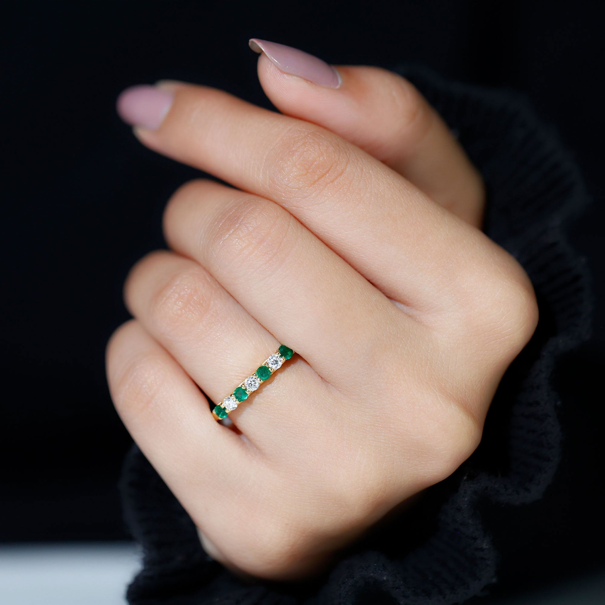 Trellis Set Round Emerald and Diamond Half Eternity Ring AAA - Rosec Jewels