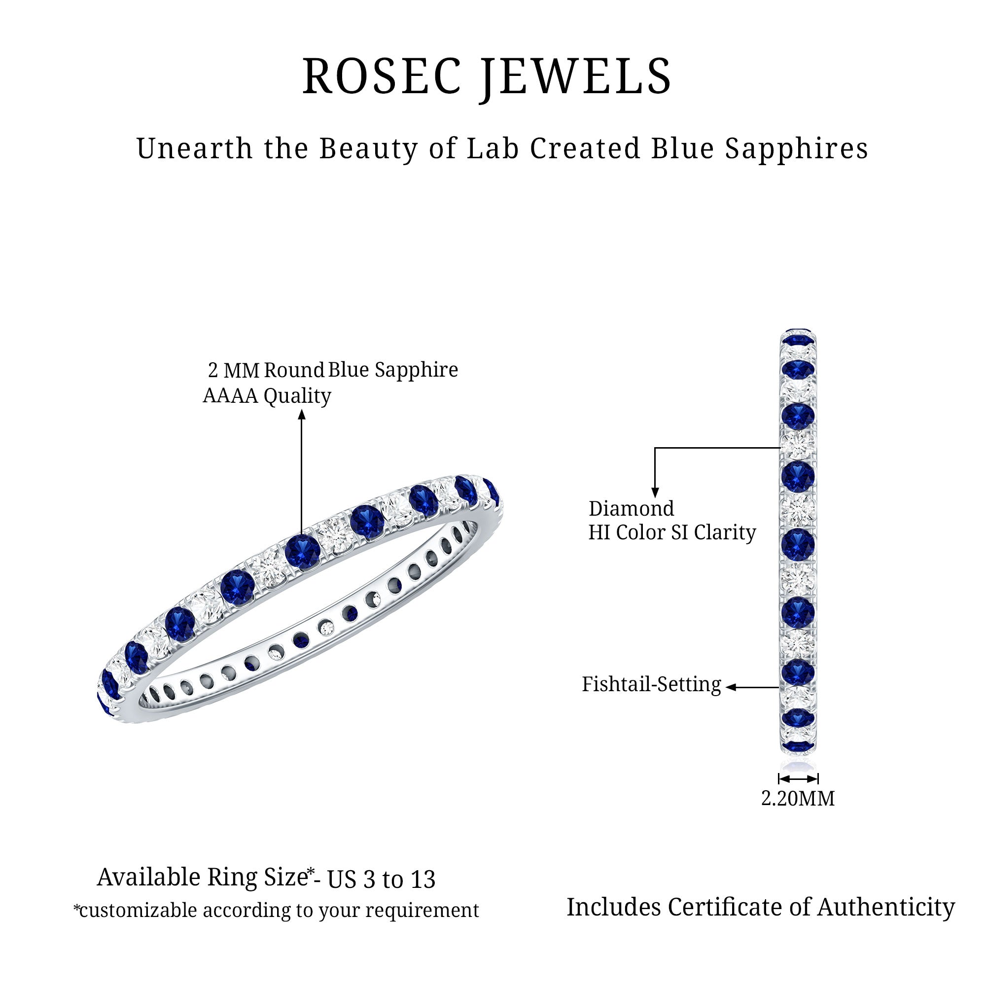 Certified Lab Grown Blue Sapphire Eternity Ring with Diamond AAAA - Rosec Jewels