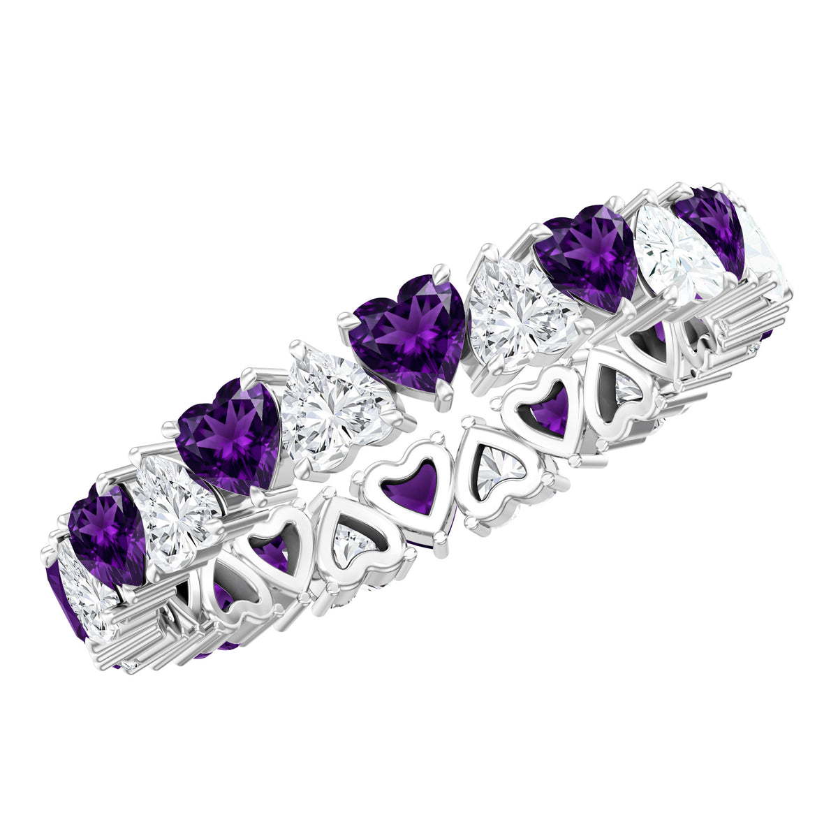 Certified Natural Amethyst Heart Eternity Ring with Moissanite AAA - Rosec Jewels
