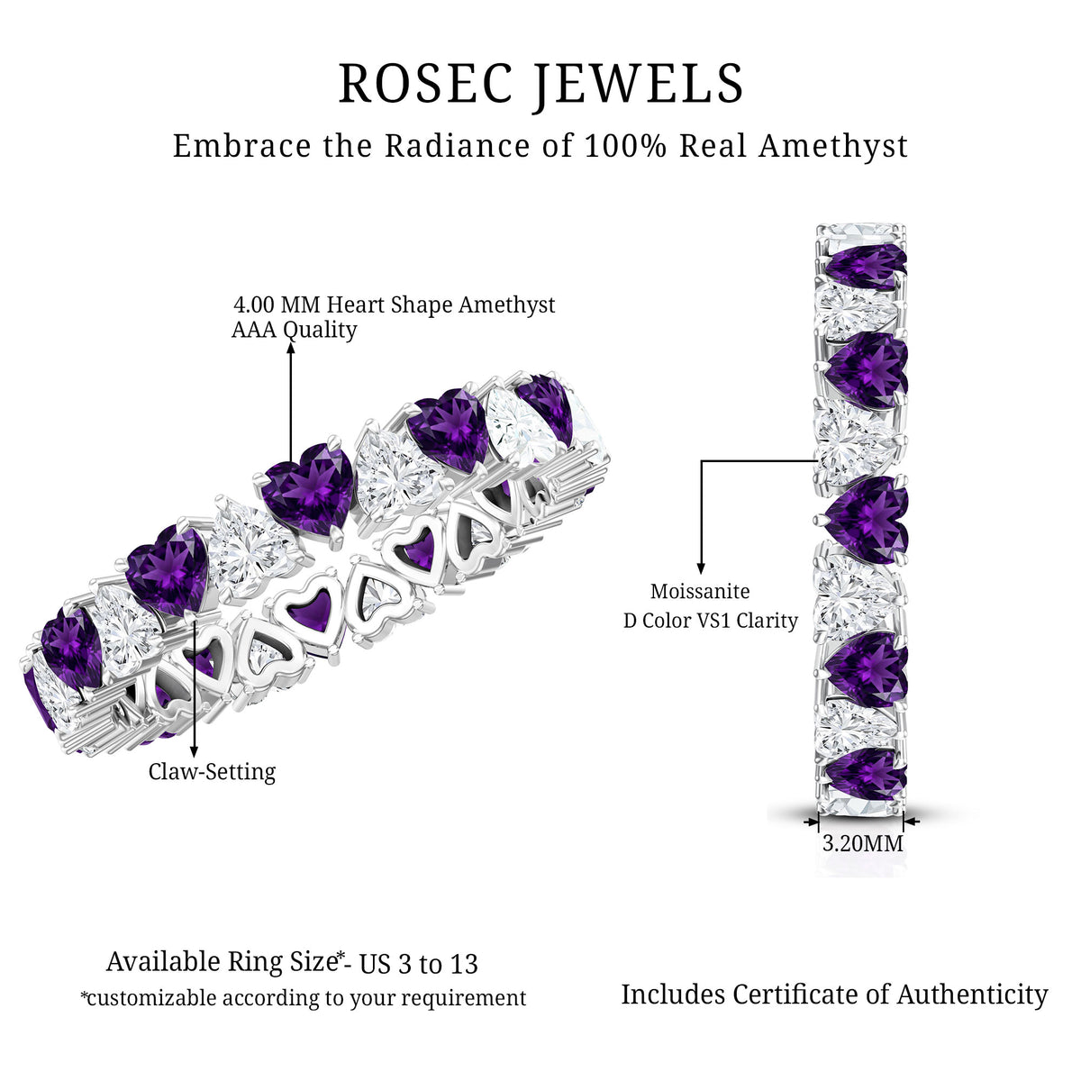 Certified Natural Amethyst Heart Eternity Ring with Moissanite AAA - Rosec Jewels