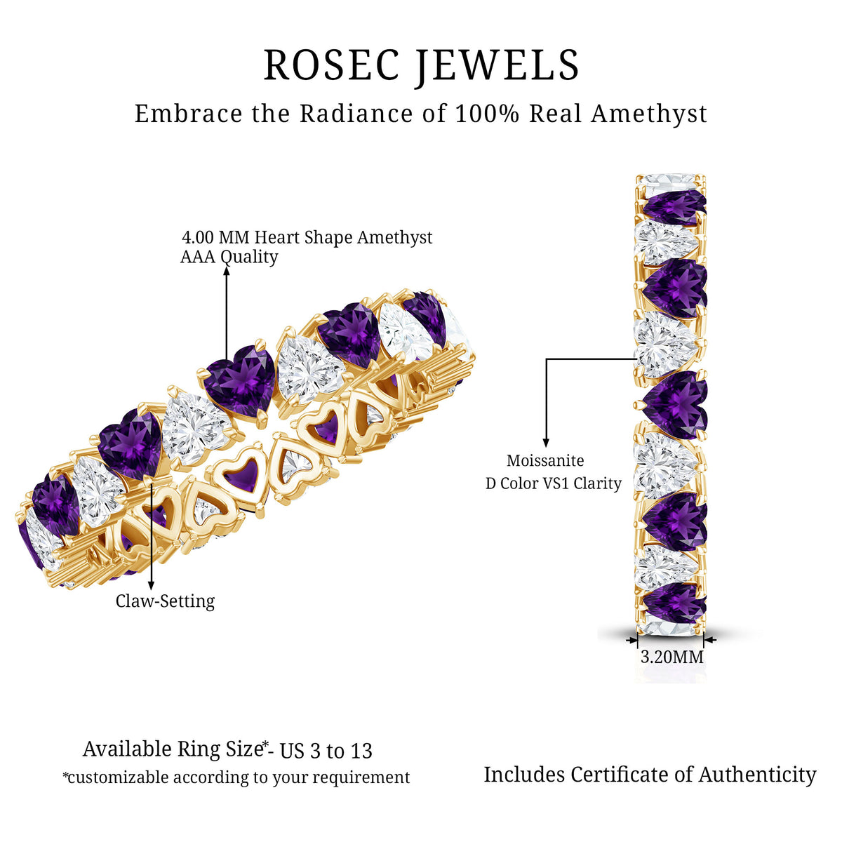 Certified Natural Amethyst Heart Eternity Ring with Moissanite AAA - Rosec Jewels