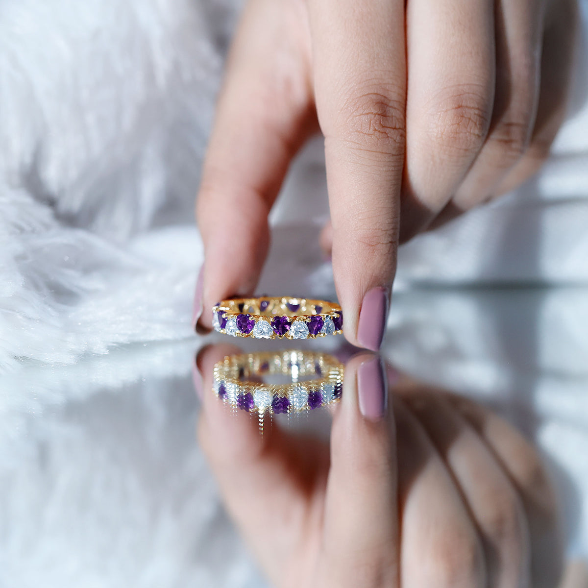 Certified Natural Amethyst Heart Eternity Ring with Moissanite AAA - Rosec Jewels