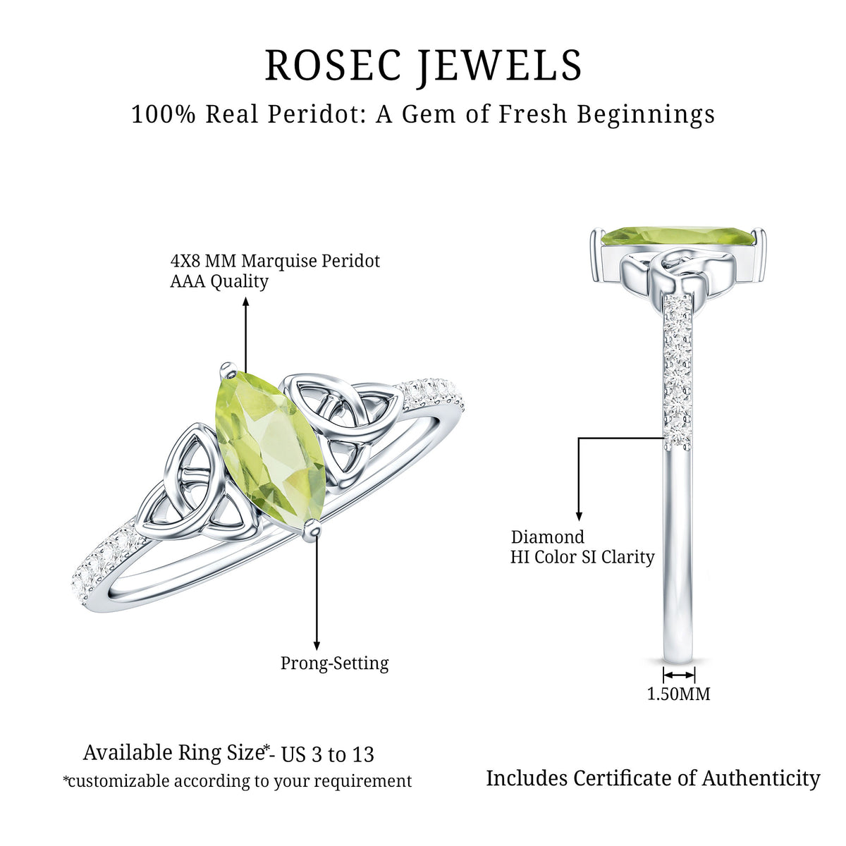 Natural 0.7 Carat Peridot Diamond Marquise Engagement Ring with Celtic Knot AAA - Rosec Jewels