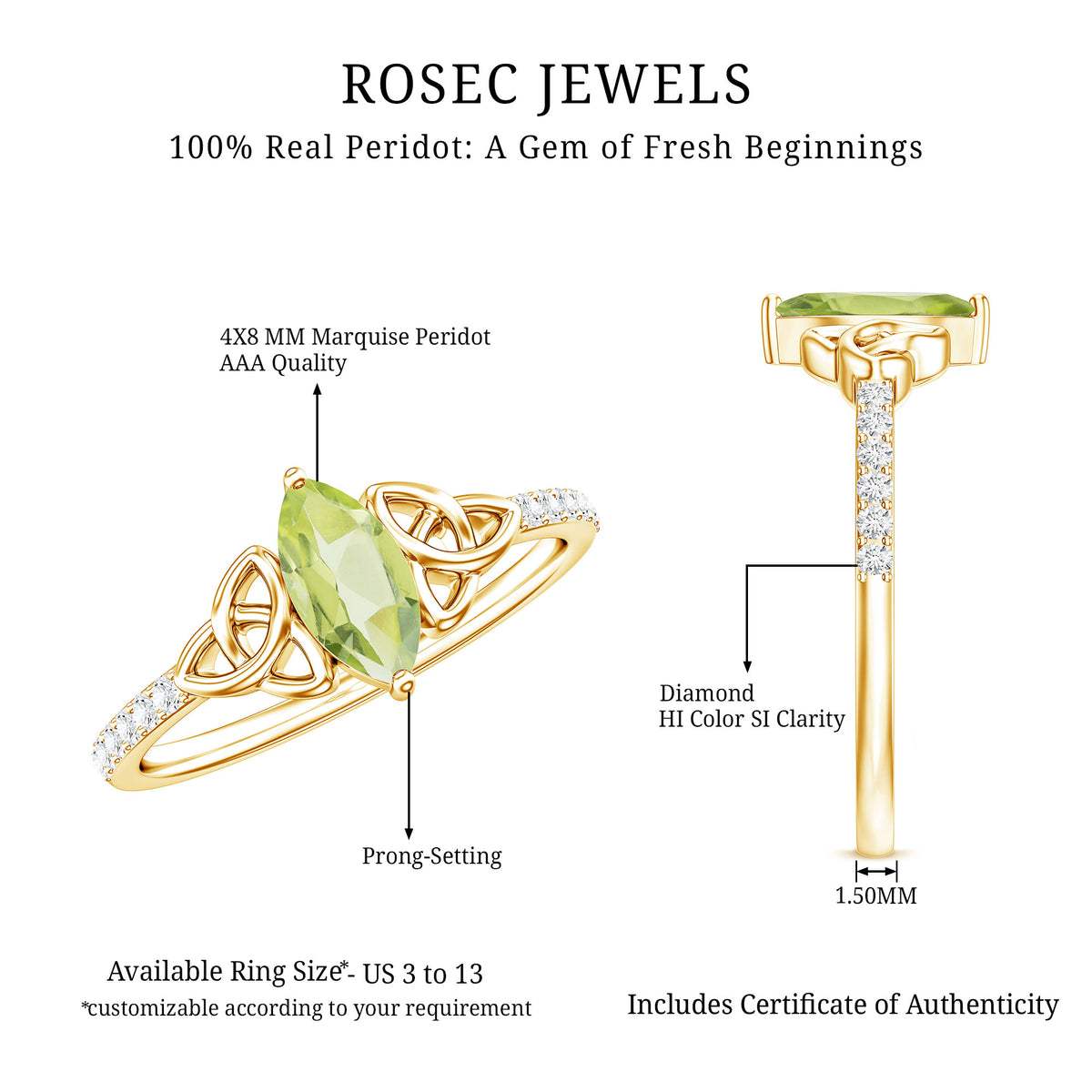 Natural 0.7 Carat Peridot Diamond Marquise Engagement Ring with Celtic Knot AAA - Rosec Jewels