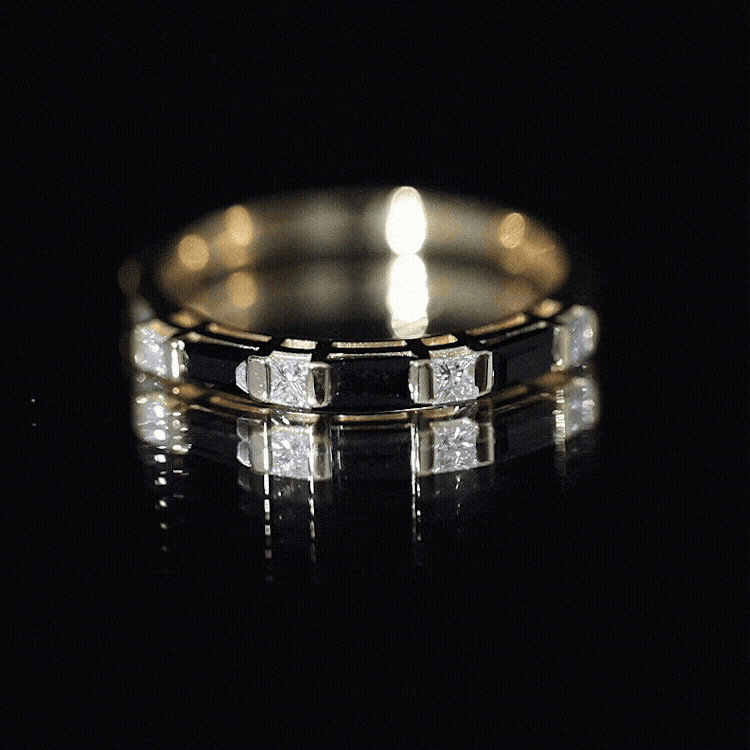 Bar Set Black Onyx and Diamond Half Eternity Wedding Band AAA - Rosec Jewels