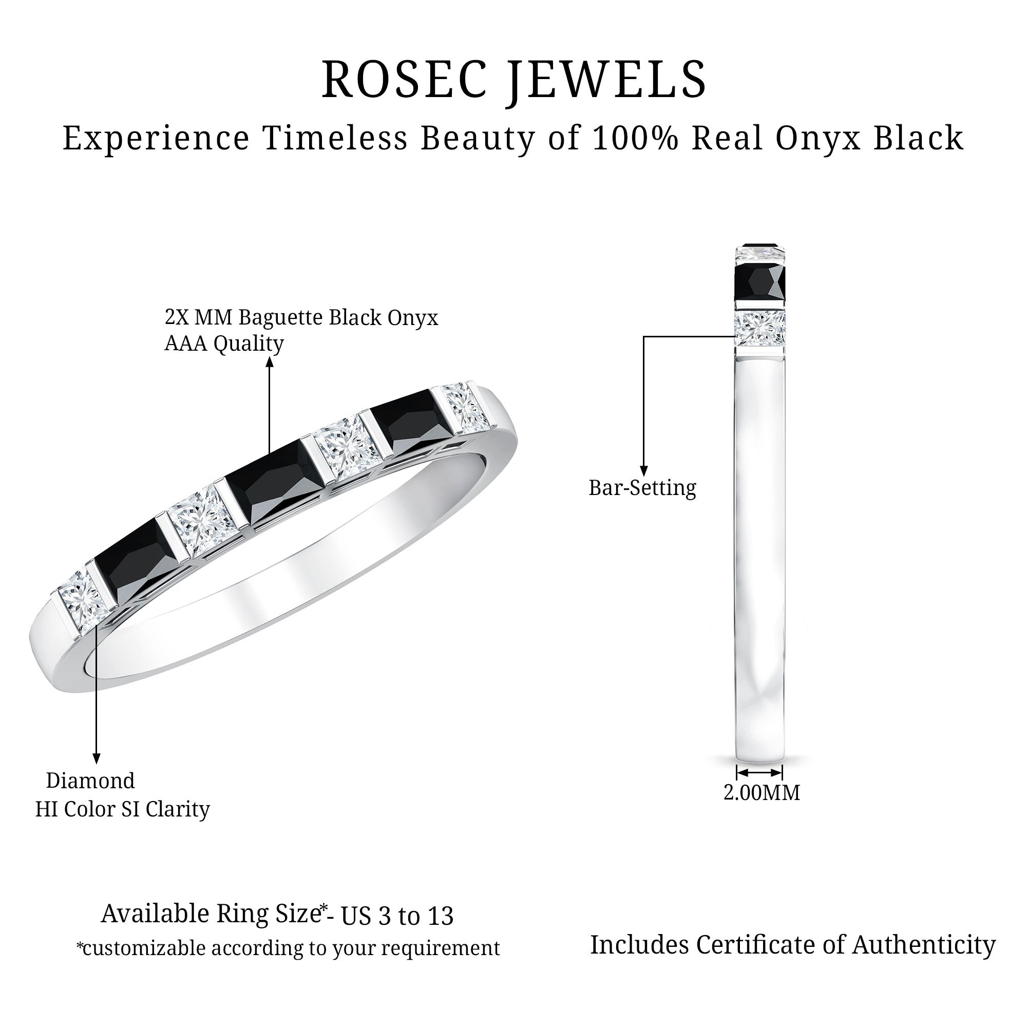 Bar Set Black Onyx and Diamond Half Eternity Wedding Band AAA - Rosec Jewels