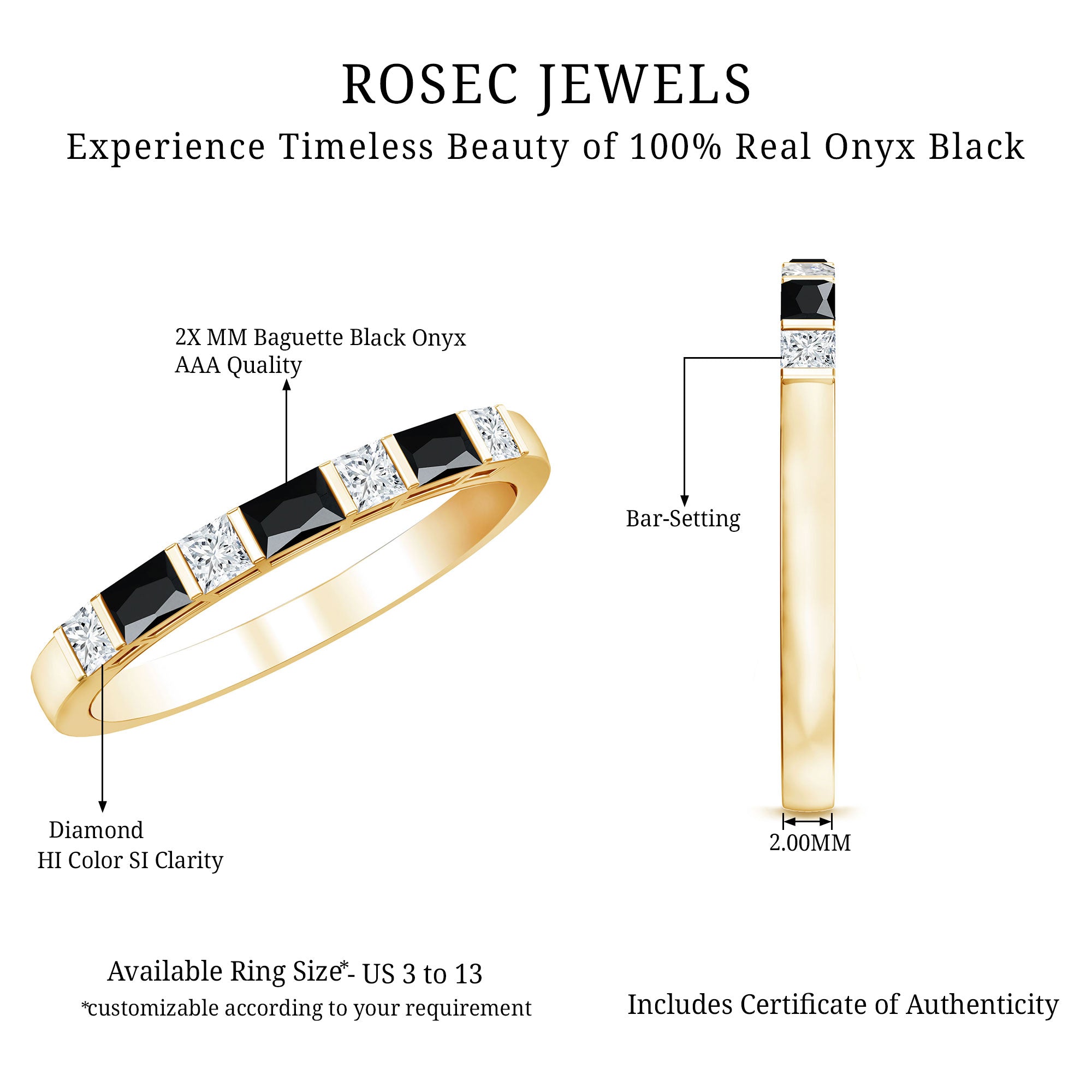 Bar Set Black Onyx and Diamond Half Eternity Wedding Band AAA - Rosec Jewels