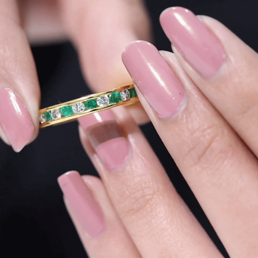 Channel Set Emerald and Diamond Half Eternity Band Ring AAA - Rosec Jewels