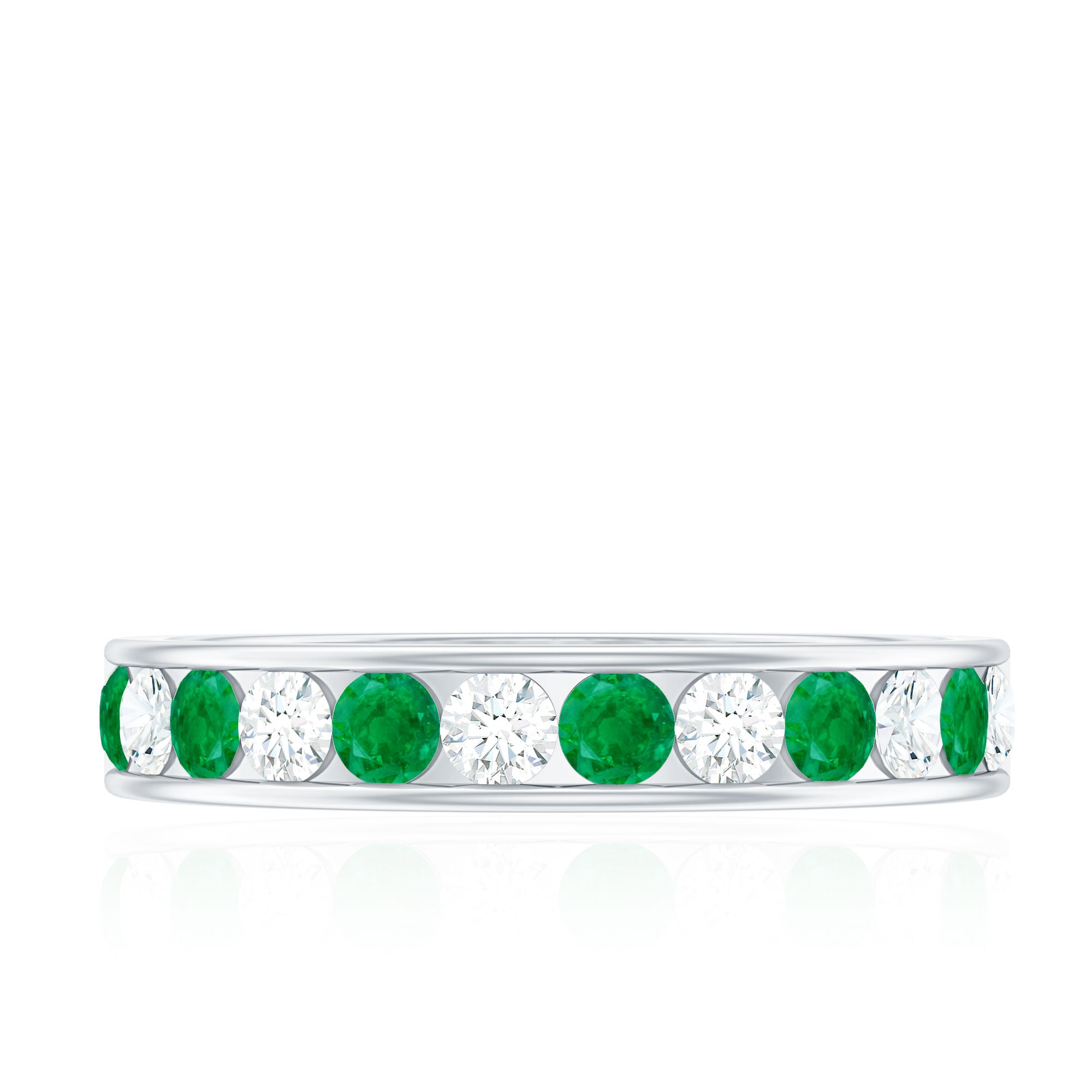 Channel Set Emerald and Diamond Half Eternity Band Ring AAA - Rosec Jewels