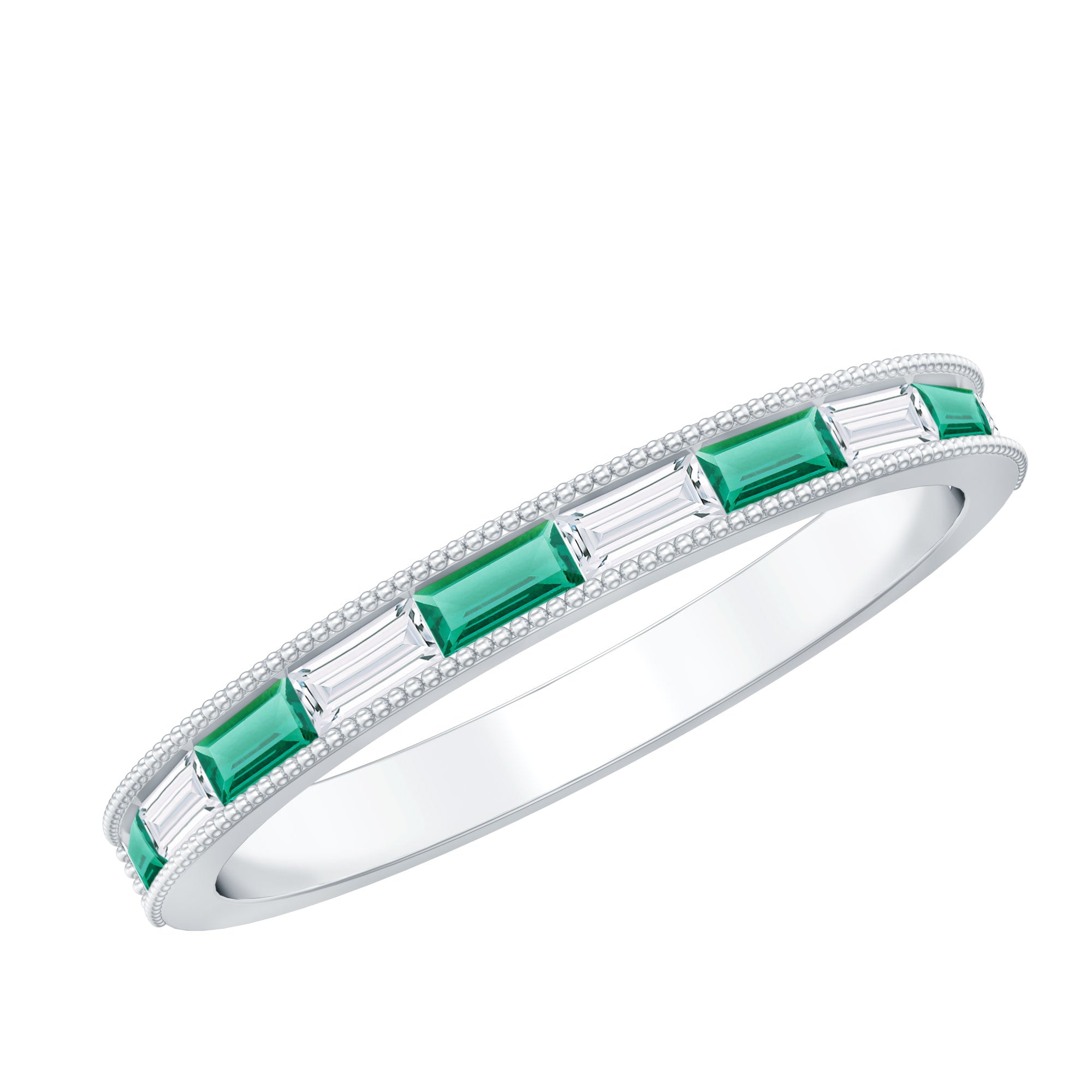 Baguette Cut Lab Grown Emerald and Diamond Band Ring