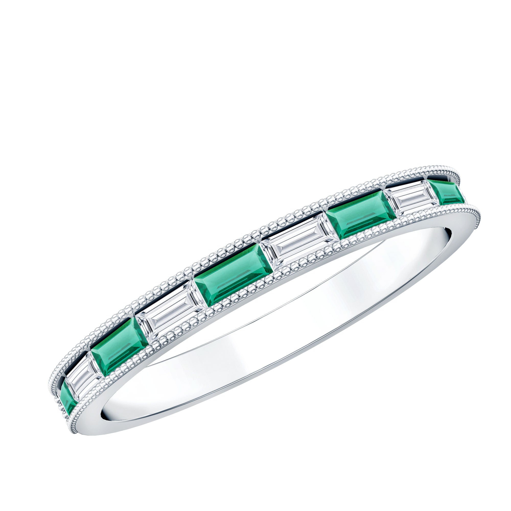 Baguette Cut Lab Grown Emerald and Diamond Band Ring AAAA - Rosec Jewels