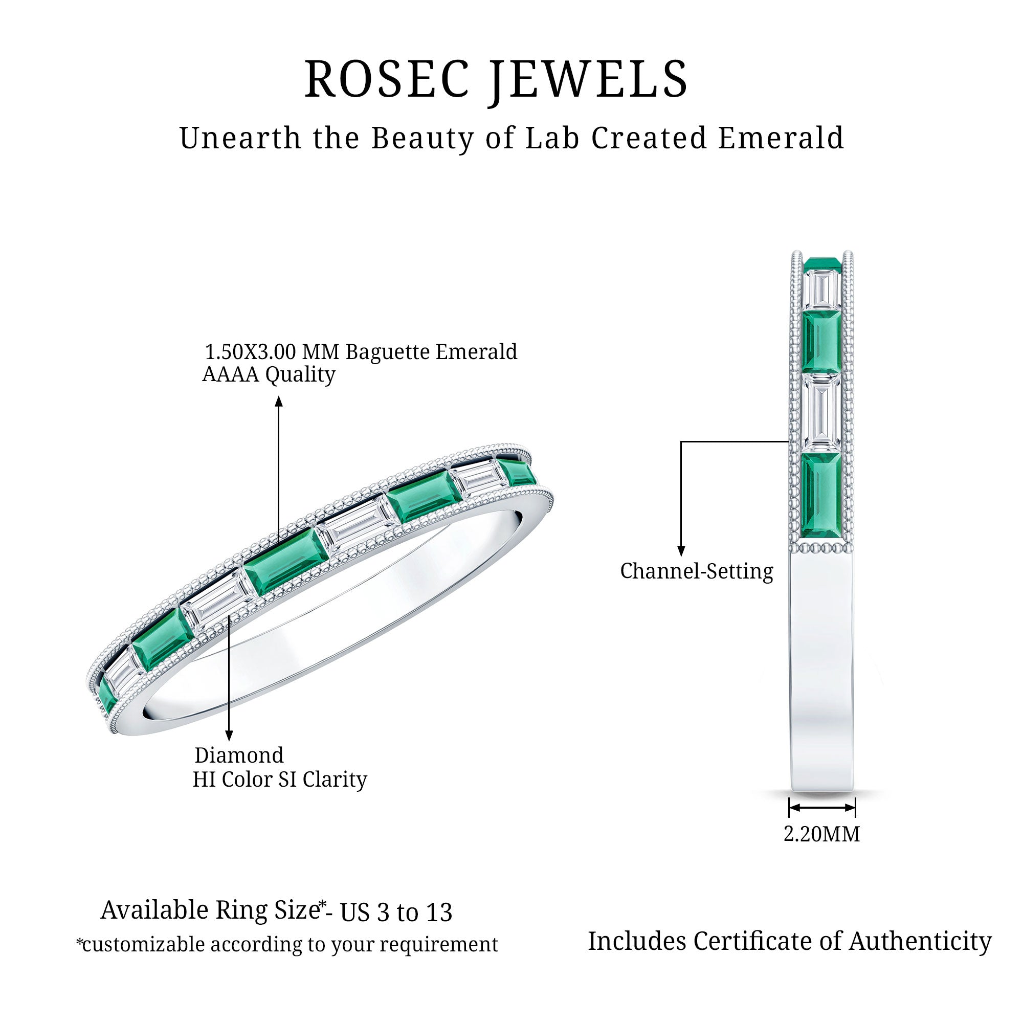 Baguette Cut Lab Grown Emerald and Diamond Band Ring AAAA - Rosec Jewels