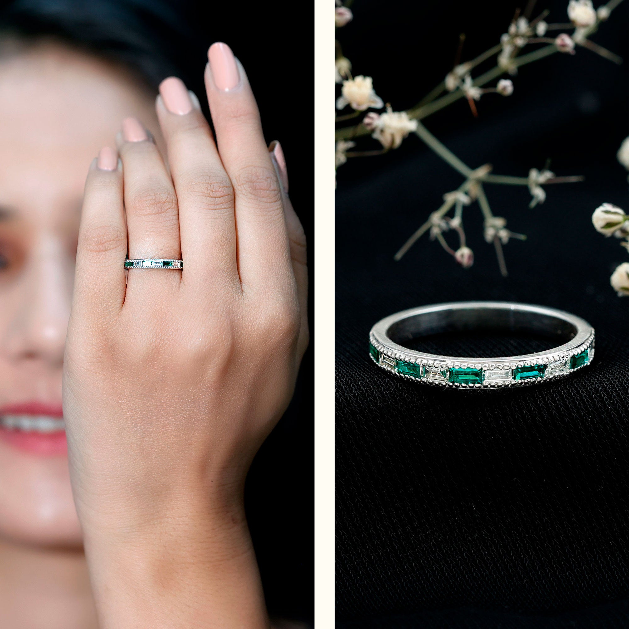 Baguette Cut Lab Grown Emerald and Diamond Band Ring AAAA - Rosec Jewels
