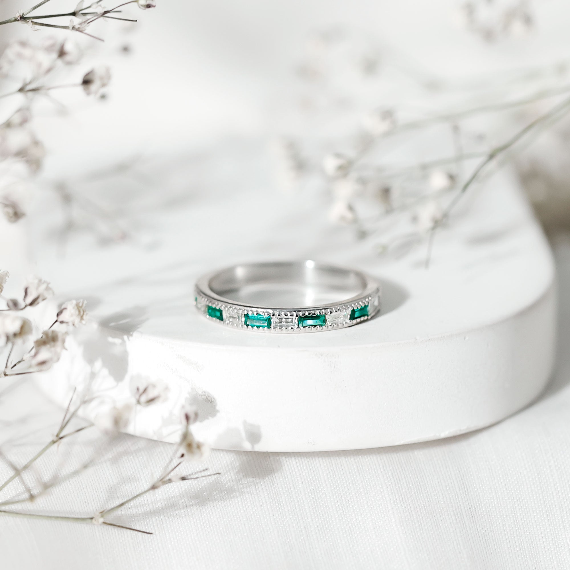 Baguette Cut Lab Grown Emerald and Diamond Band Ring AAAA - Rosec Jewels