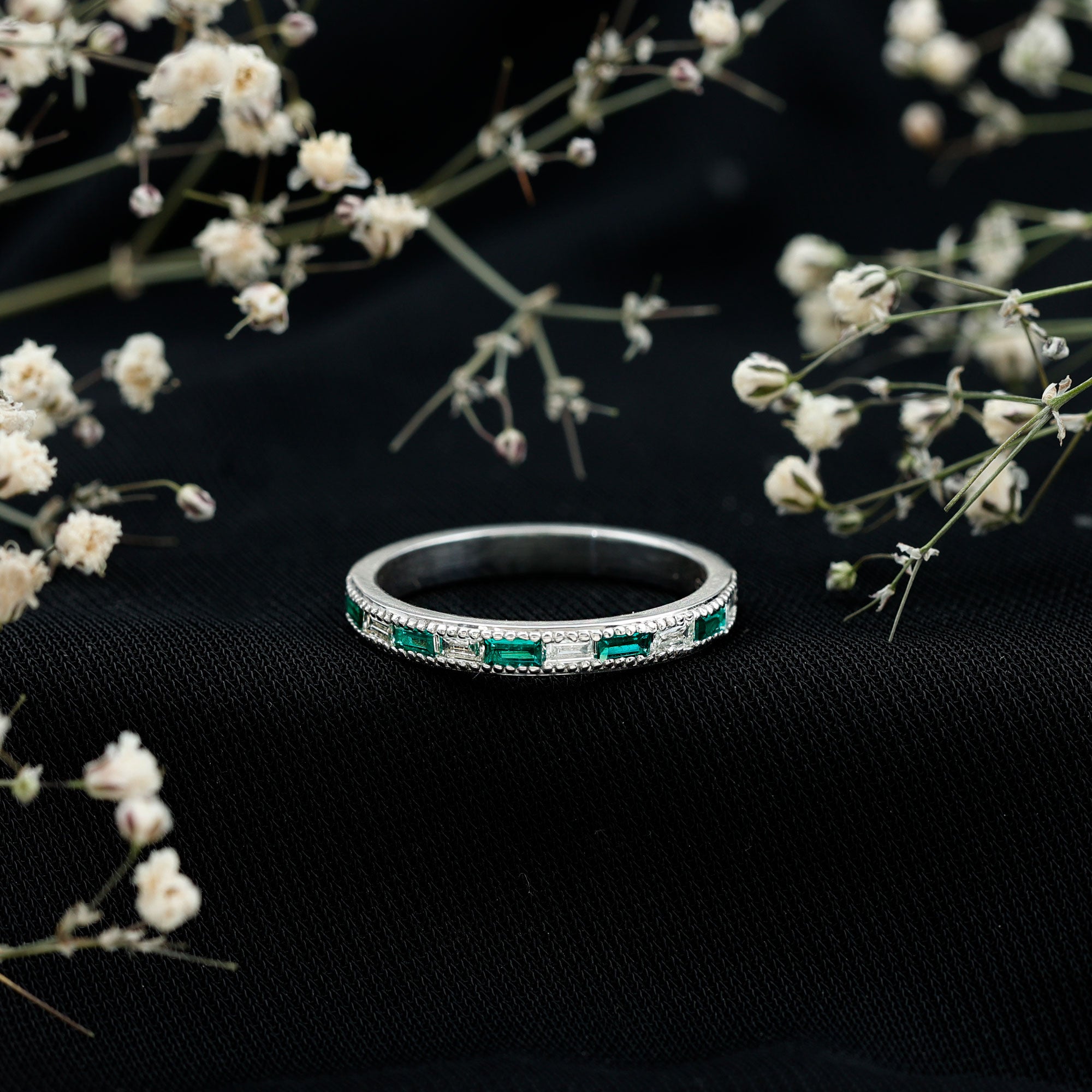Baguette Cut Lab Grown Emerald and Diamond Band Ring AAAA - Rosec Jewels