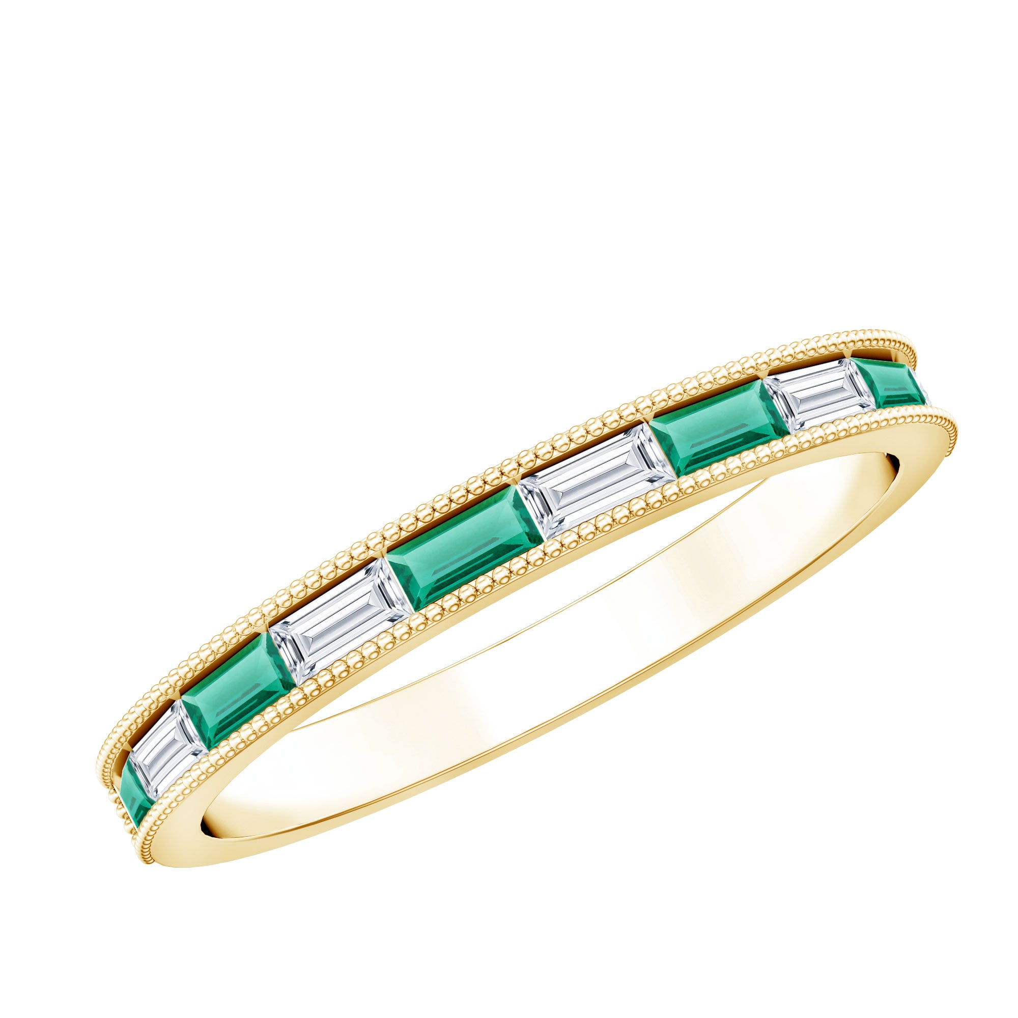 Baguette Cut Lab Grown Emerald and Diamond Band Ring AAAA - Rosec Jewels