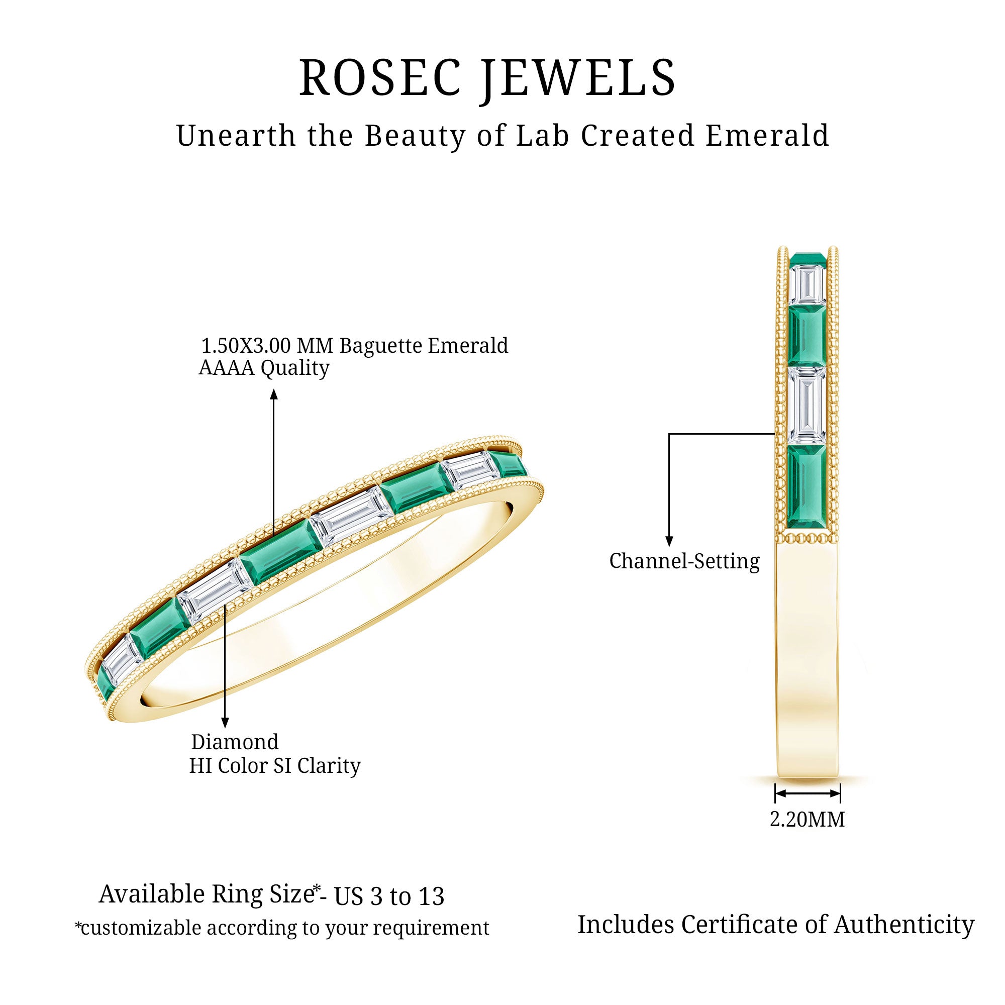 Baguette Cut Lab Grown Emerald and Diamond Band Ring AAAA - Rosec Jewels