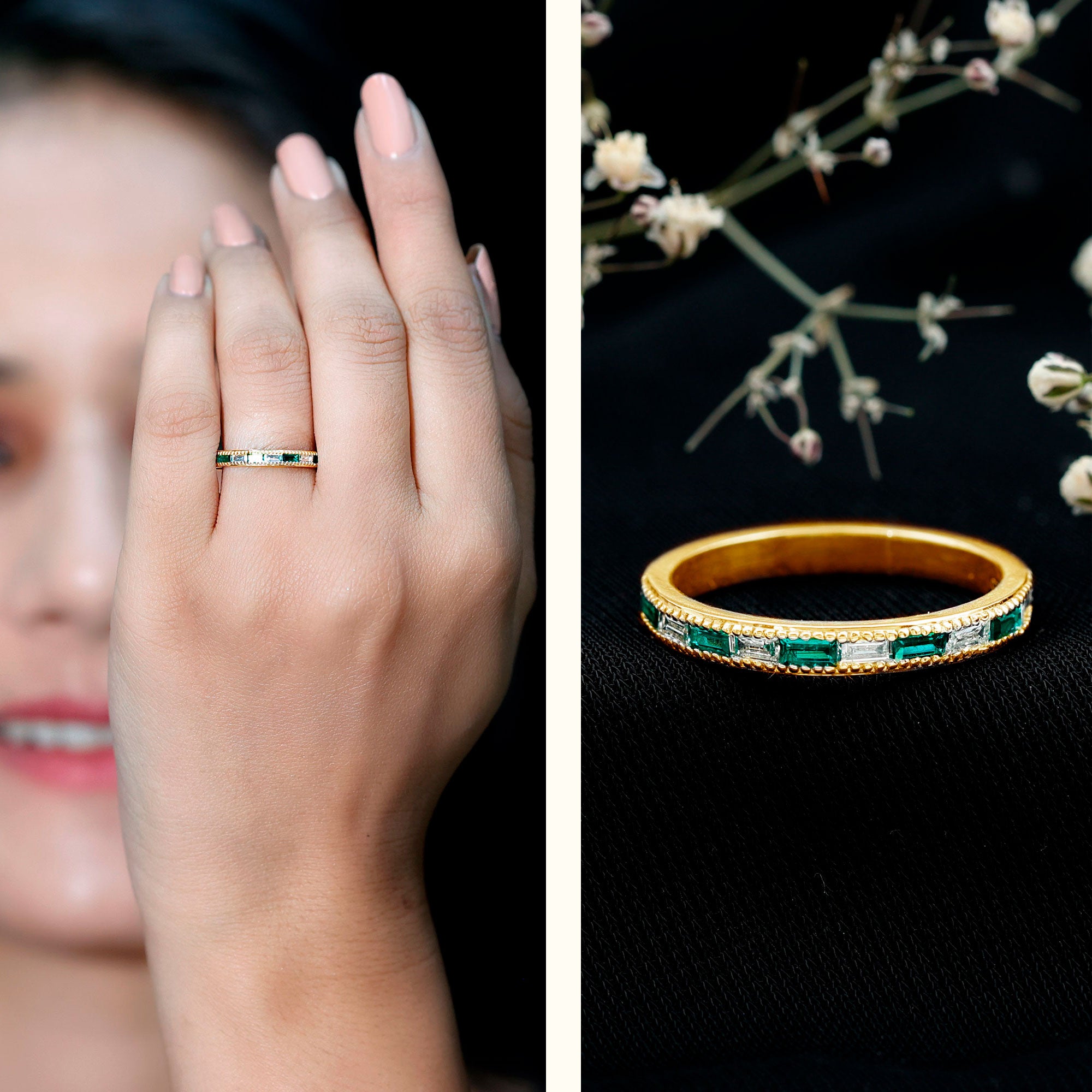 Baguette Cut Lab Grown Emerald and Diamond Band Ring AAAA - Rosec Jewels