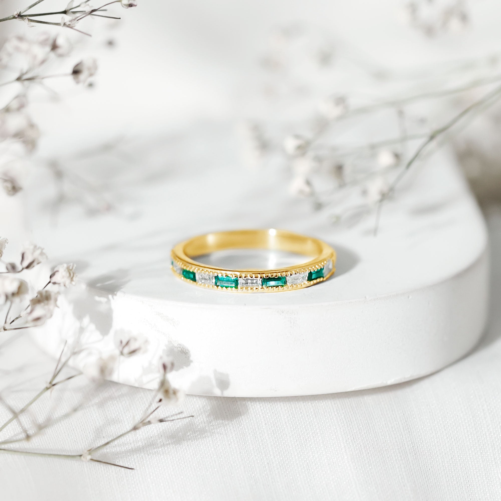Baguette Cut Lab Grown Emerald and Diamond Band Ring AAAA - Rosec Jewels
