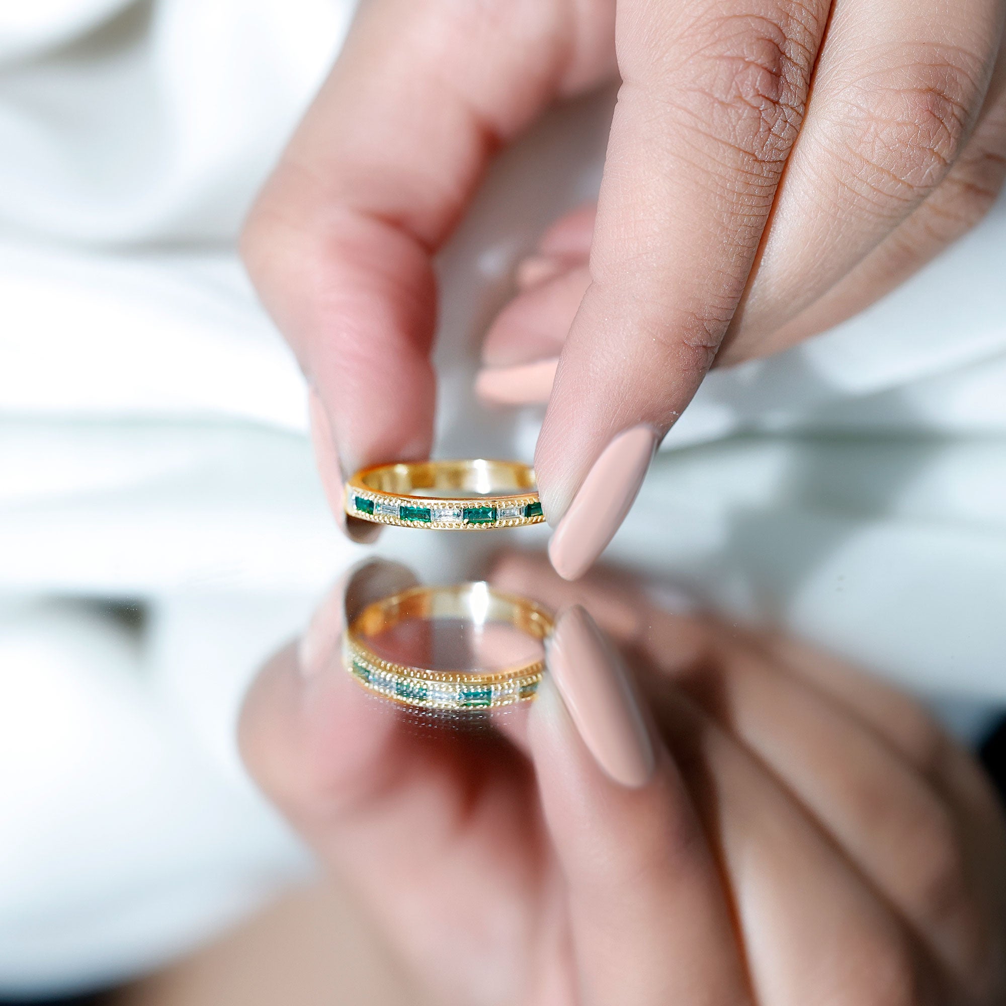 Baguette Cut Lab Grown Emerald and Diamond Band Ring AAAA - Rosec Jewels