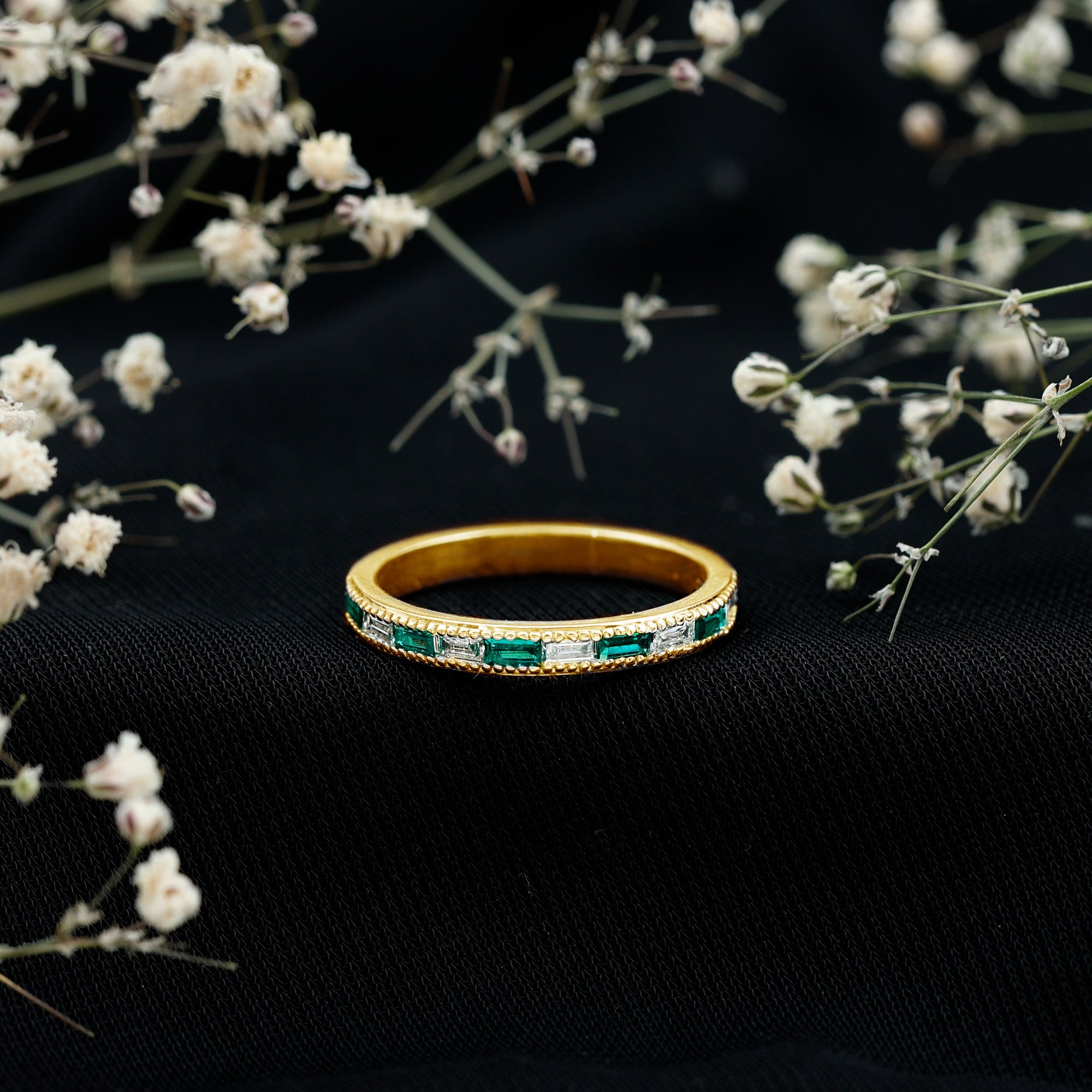 Baguette Cut Lab Grown Emerald and Diamond Band Ring AAAA - Rosec Jewels